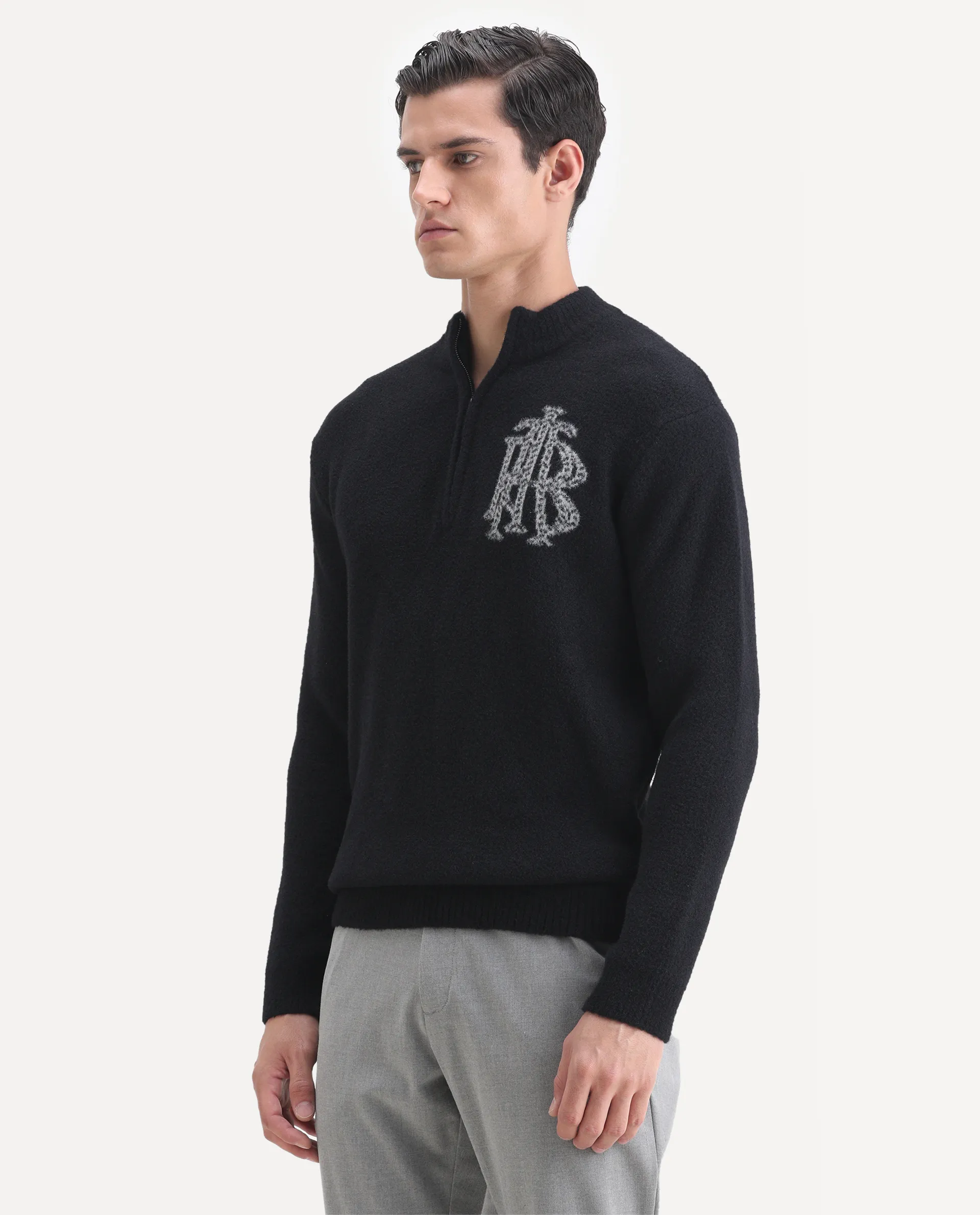Rare Rabbit Men's Luca Black Nylon Fabric Full Sleeve High Neck Monogram Print Sweater - Image 5