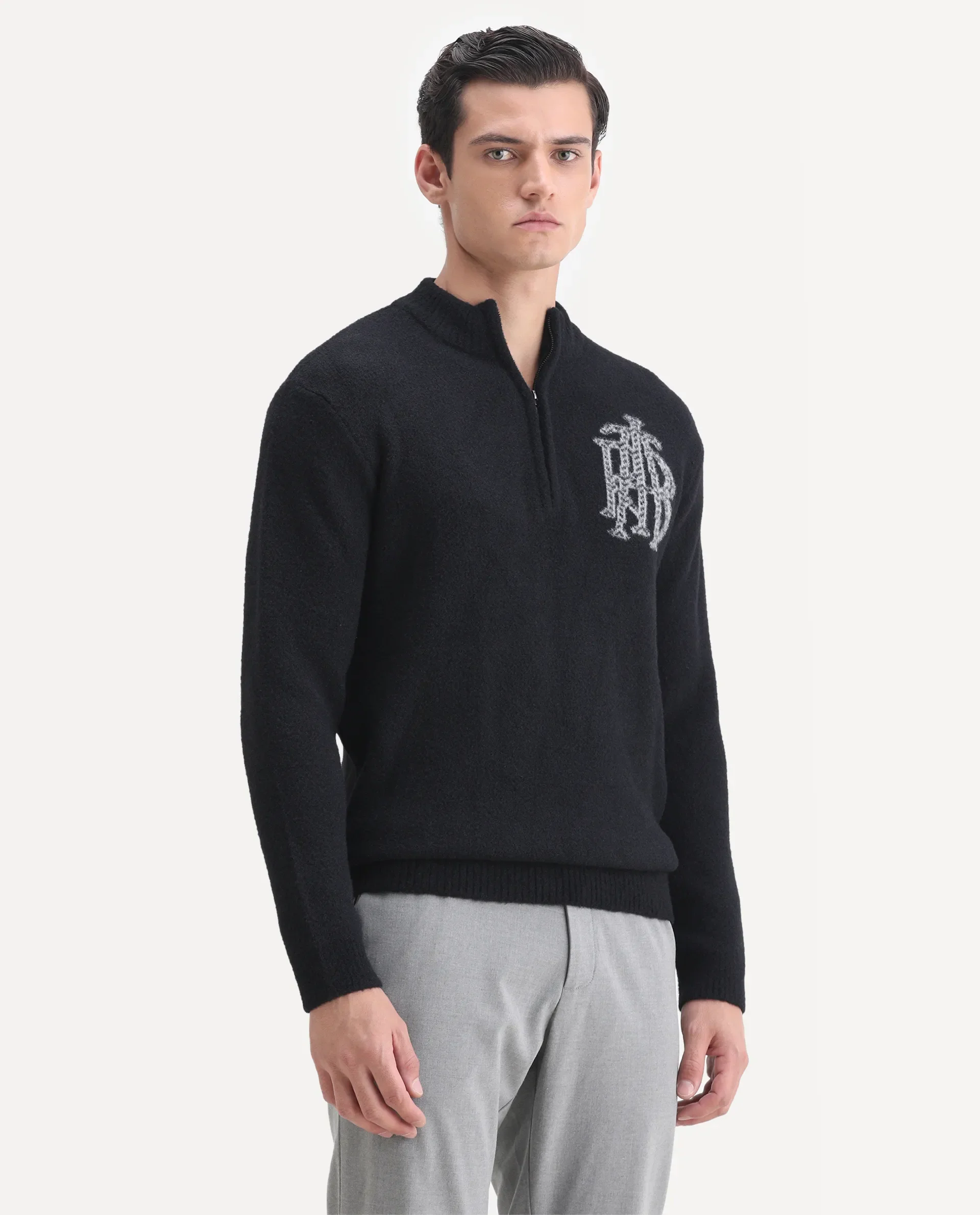 Rare Rabbit Men's Luca Black Nylon Fabric Full Sleeve High Neck Monogram Print Sweater - Image 6