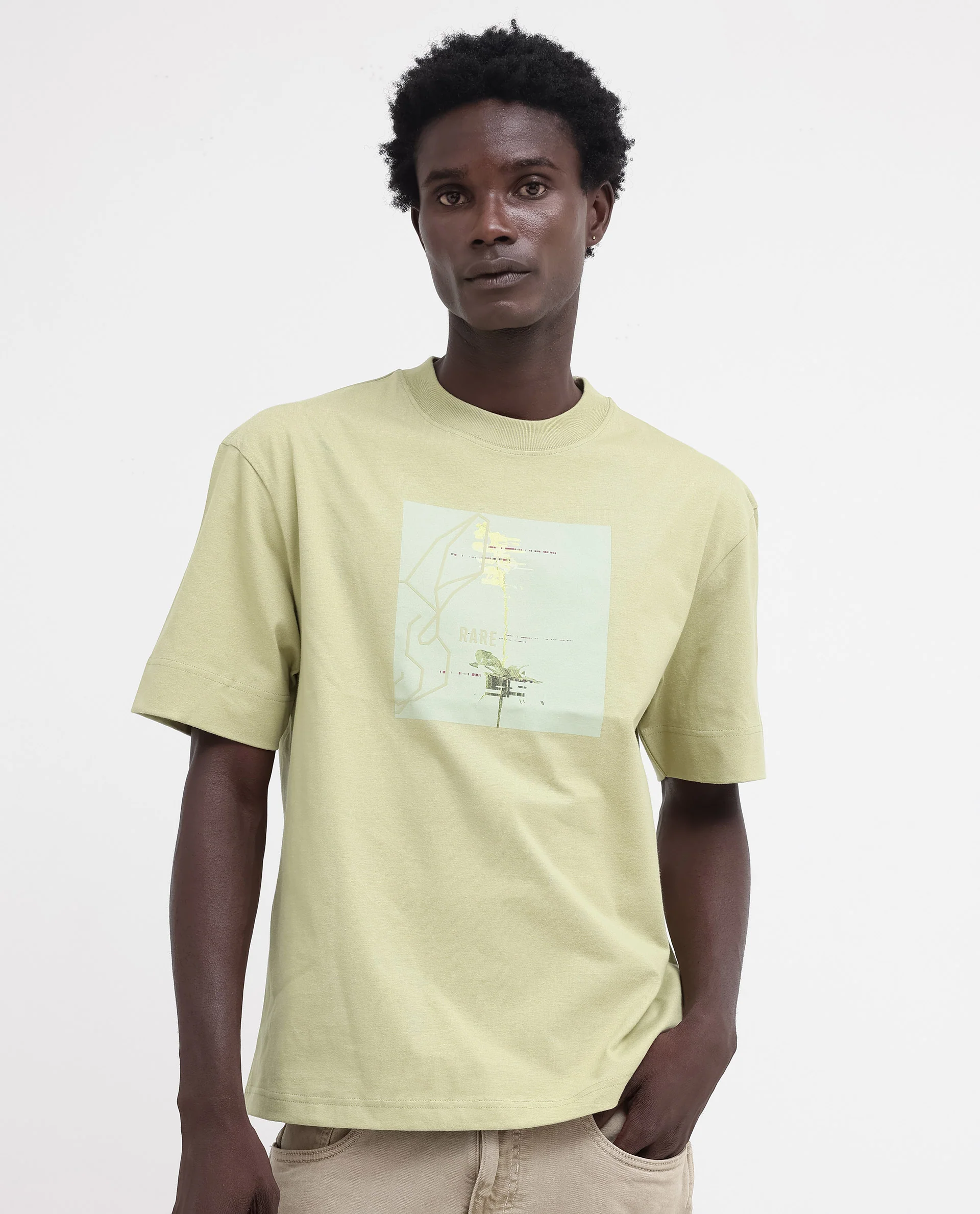 Rare Rabbit Articale Mens Luca Light Green Cotton Polyester Fabric Short Sleeve Crew Neck Oversized Fit Graphic Printed T-Shirt - Image 6