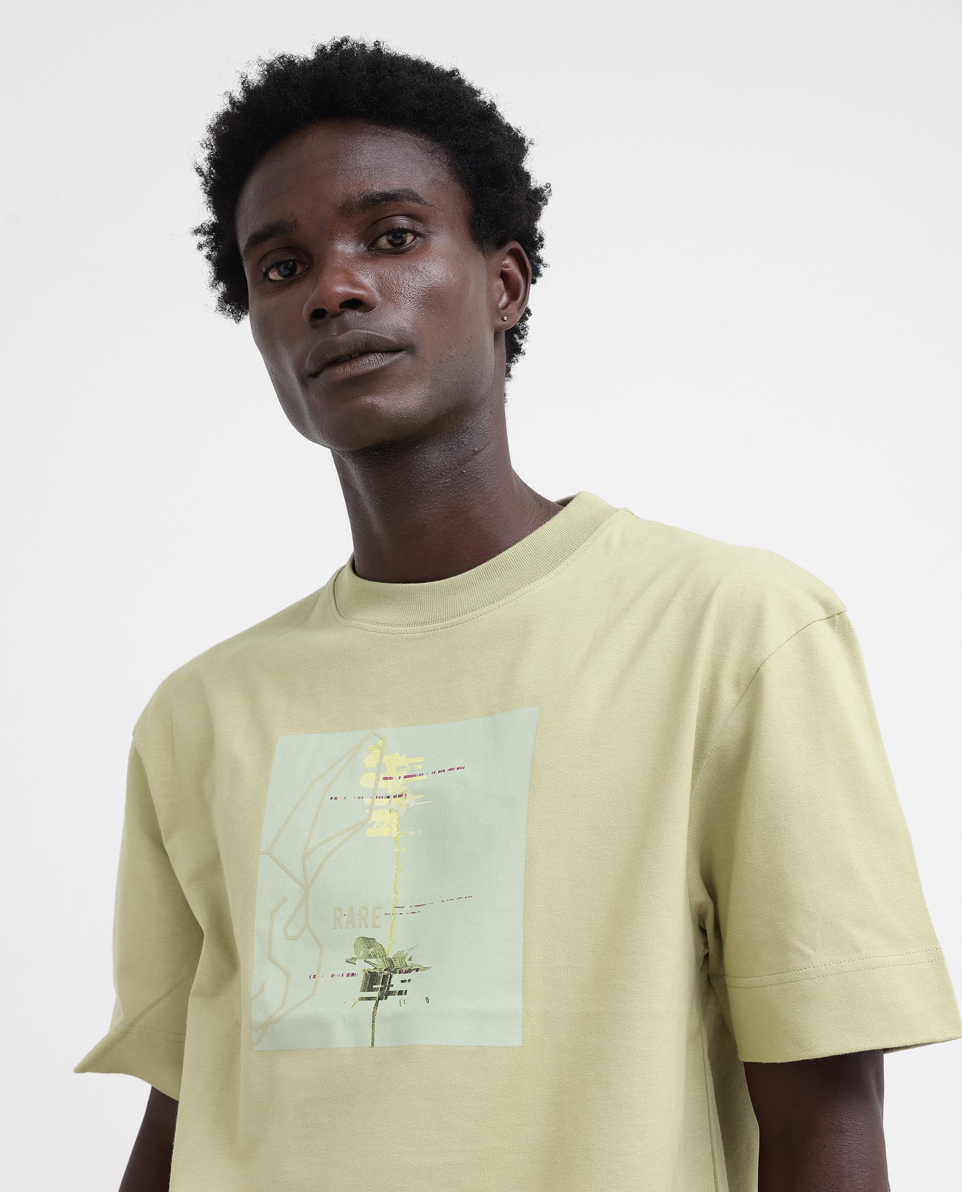 Rare Rabbit Articale Mens Luca Light Green Cotton Polyester Fabric Short Sleeve Crew Neck Oversized Fit Graphic Printed T-Shirt - Image 7