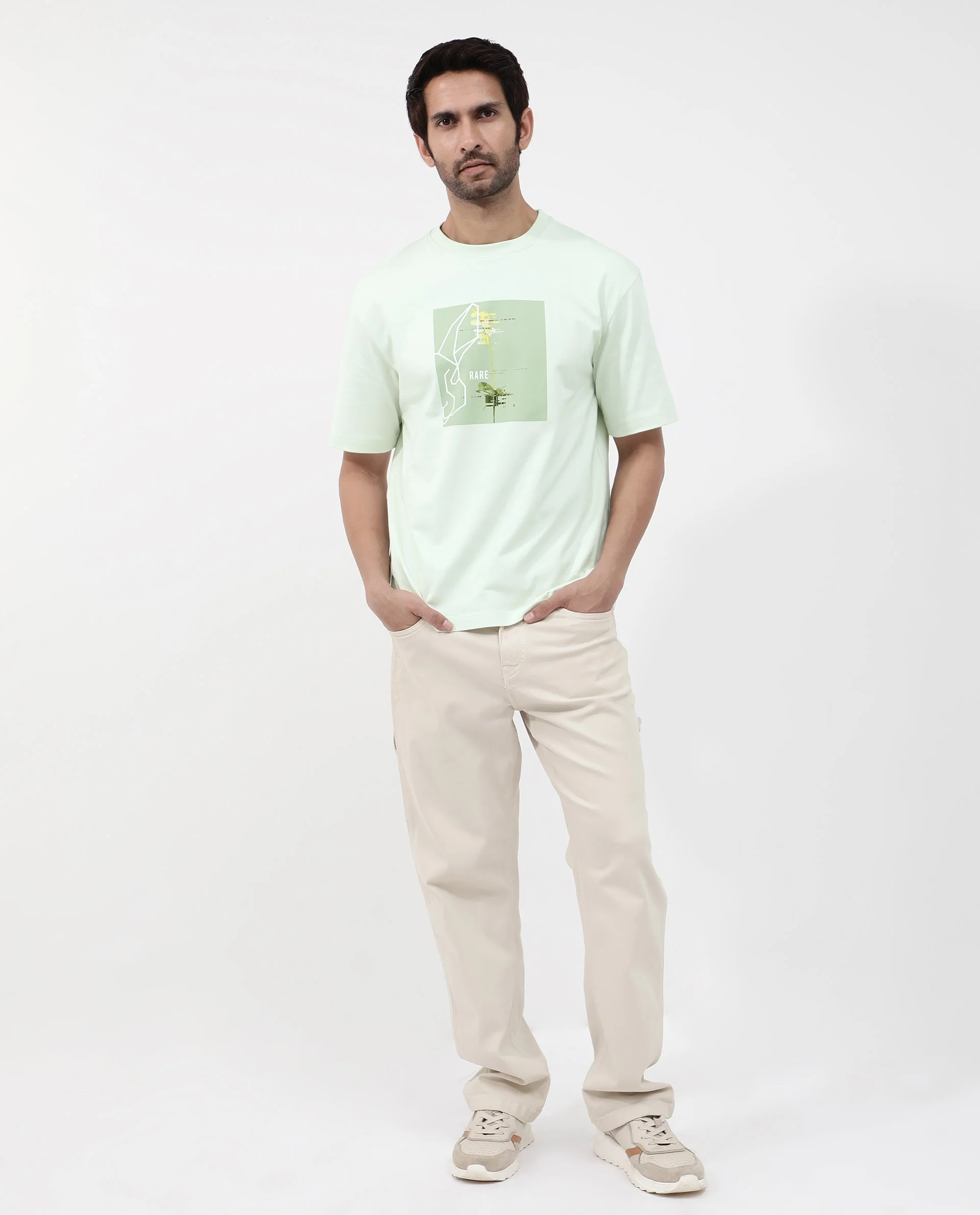 Rare Rabbit Articale Mens Luca Pastel Green Cotton Polyester Fabric Short Sleeve Crew Neck Oversized Fit Graphic Printed T-Shirt - Image 2