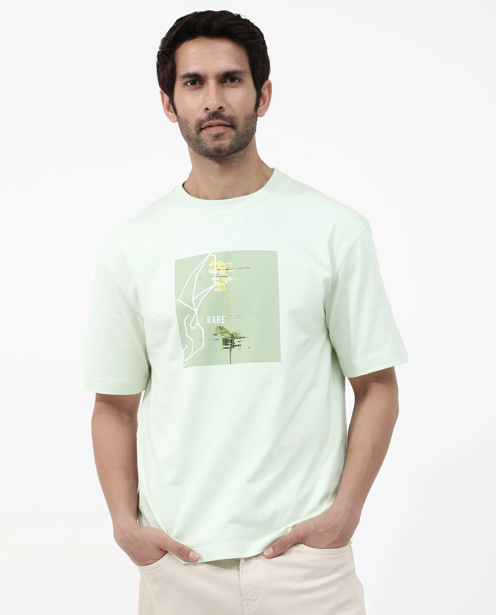 Rare Rabbit Articale Mens Luca Pastel Green Cotton Polyester Fabric Short Sleeve Crew Neck Oversized Fit Graphic Printed T-Shirt - Image 3