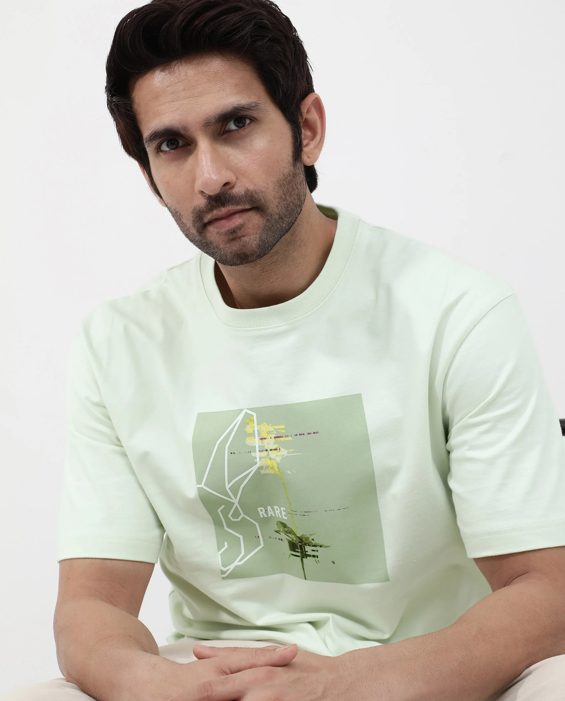 Rare Rabbit Articale Mens Luca Pastel Green Cotton Polyester Fabric Short Sleeve Crew Neck Oversized Fit Graphic Printed T-Shirt - Image 4