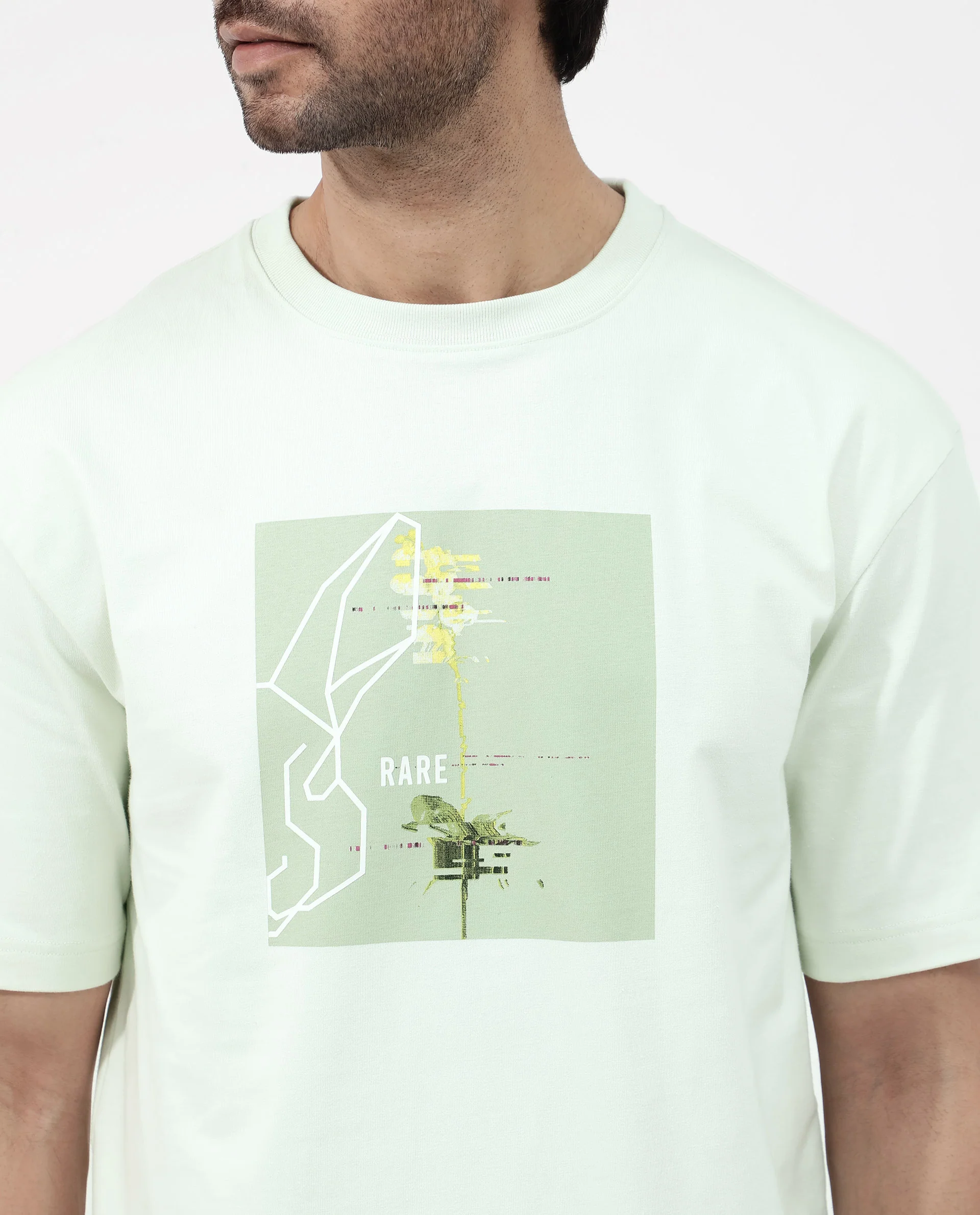 Rare Rabbit Articale Mens Luca Pastel Green Cotton Polyester Fabric Short Sleeve Crew Neck Oversized Fit Graphic Printed T-Shirt - Image 5