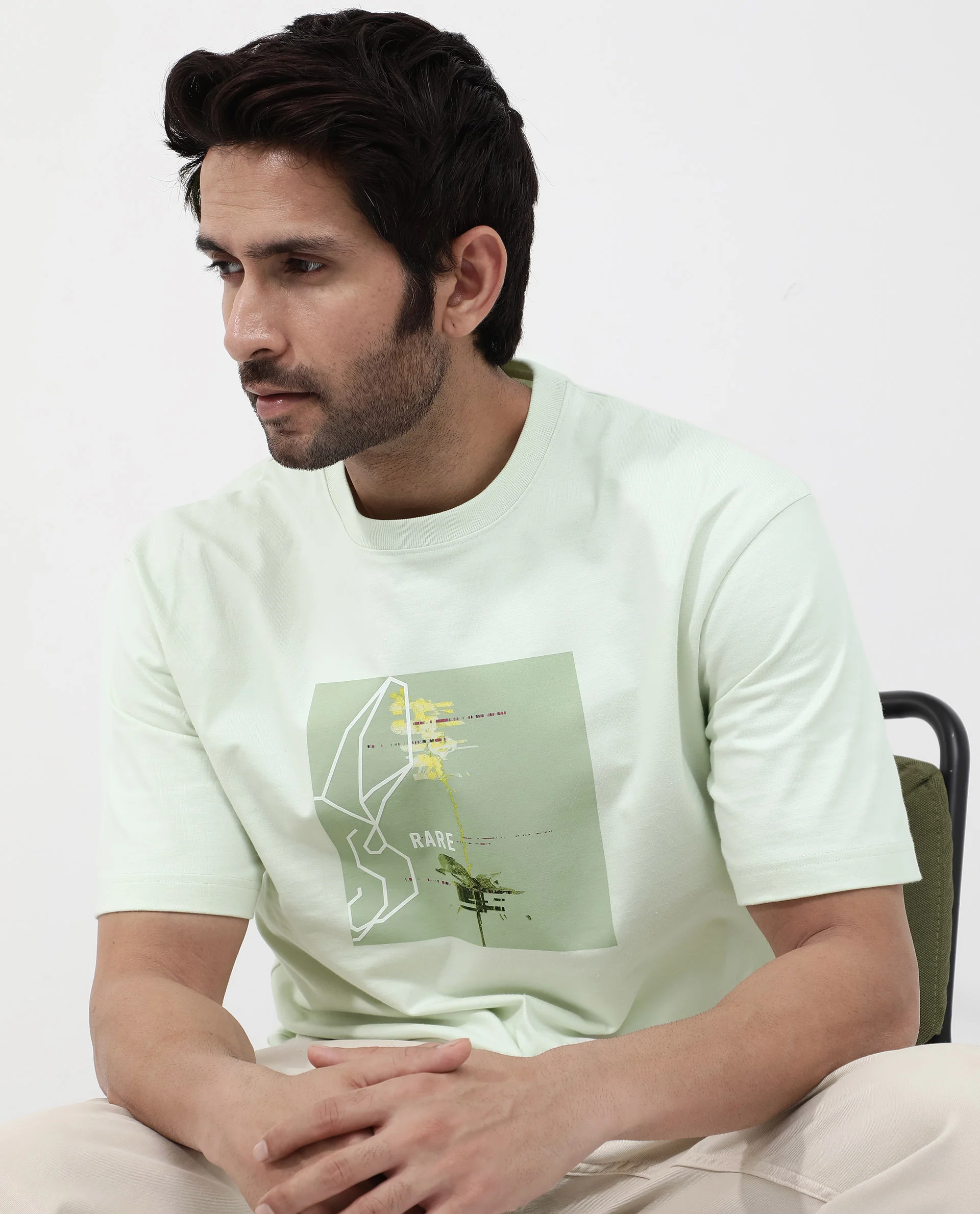 Rare Rabbit Articale Mens Luca Pastel Green Cotton Polyester Fabric Short Sleeve Crew Neck Oversized Fit Graphic Printed T-Shirt - Image 6