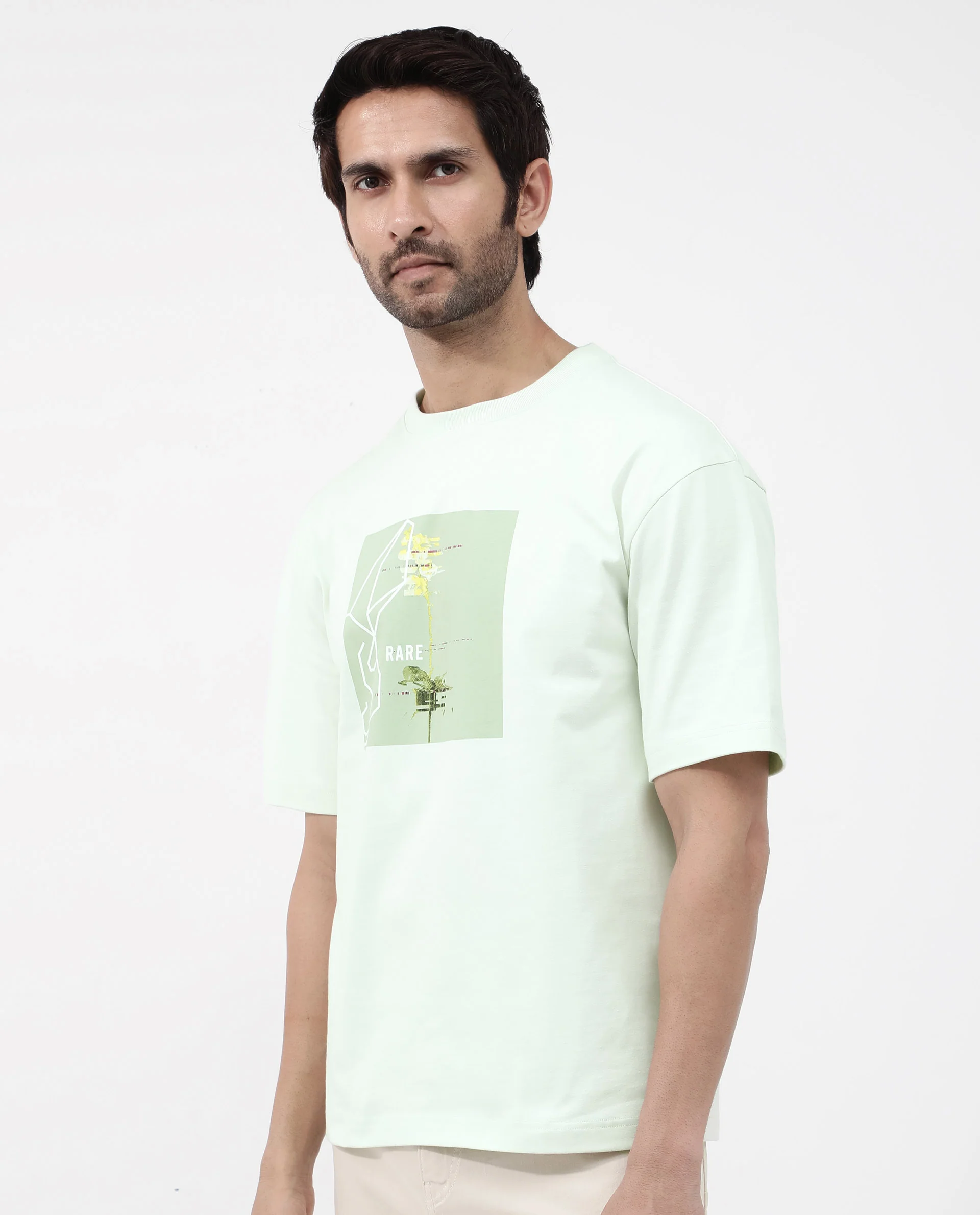 Rare Rabbit Articale Mens Luca Pastel Green Cotton Polyester Fabric Short Sleeve Crew Neck Oversized Fit Graphic Printed T-Shirt - Image 8