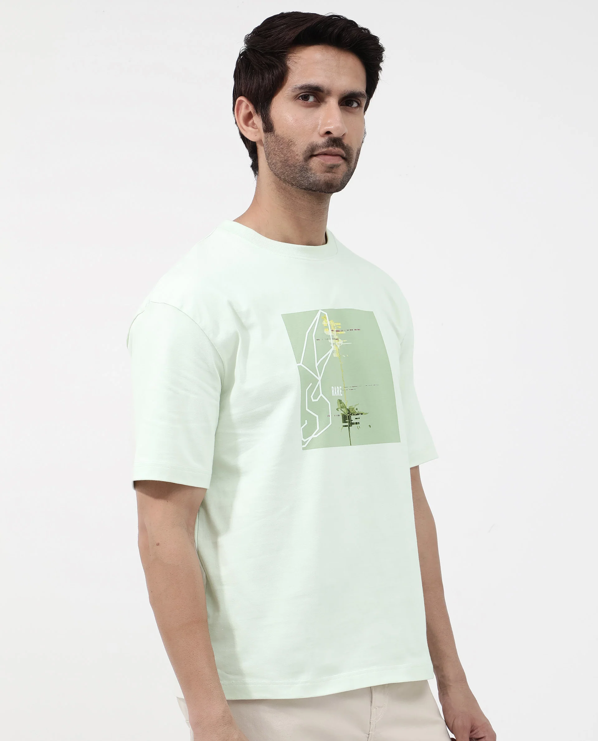 Rare Rabbit Articale Mens Luca Pastel Green Cotton Polyester Fabric Short Sleeve Crew Neck Oversized Fit Graphic Printed T-Shirt - Image 9