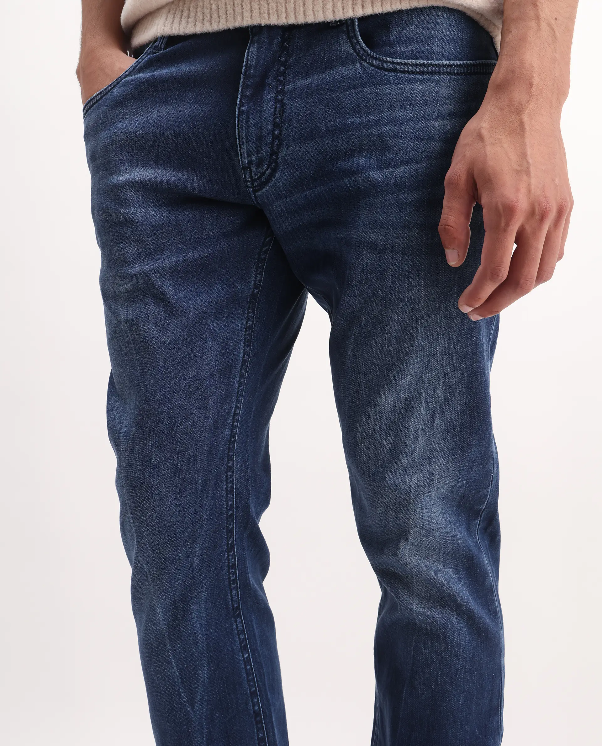 Rare Rabbit Men's Lucas-S Dark Blue Cotton Blend Plain Hawk Slim Fit Jeans - Image 2