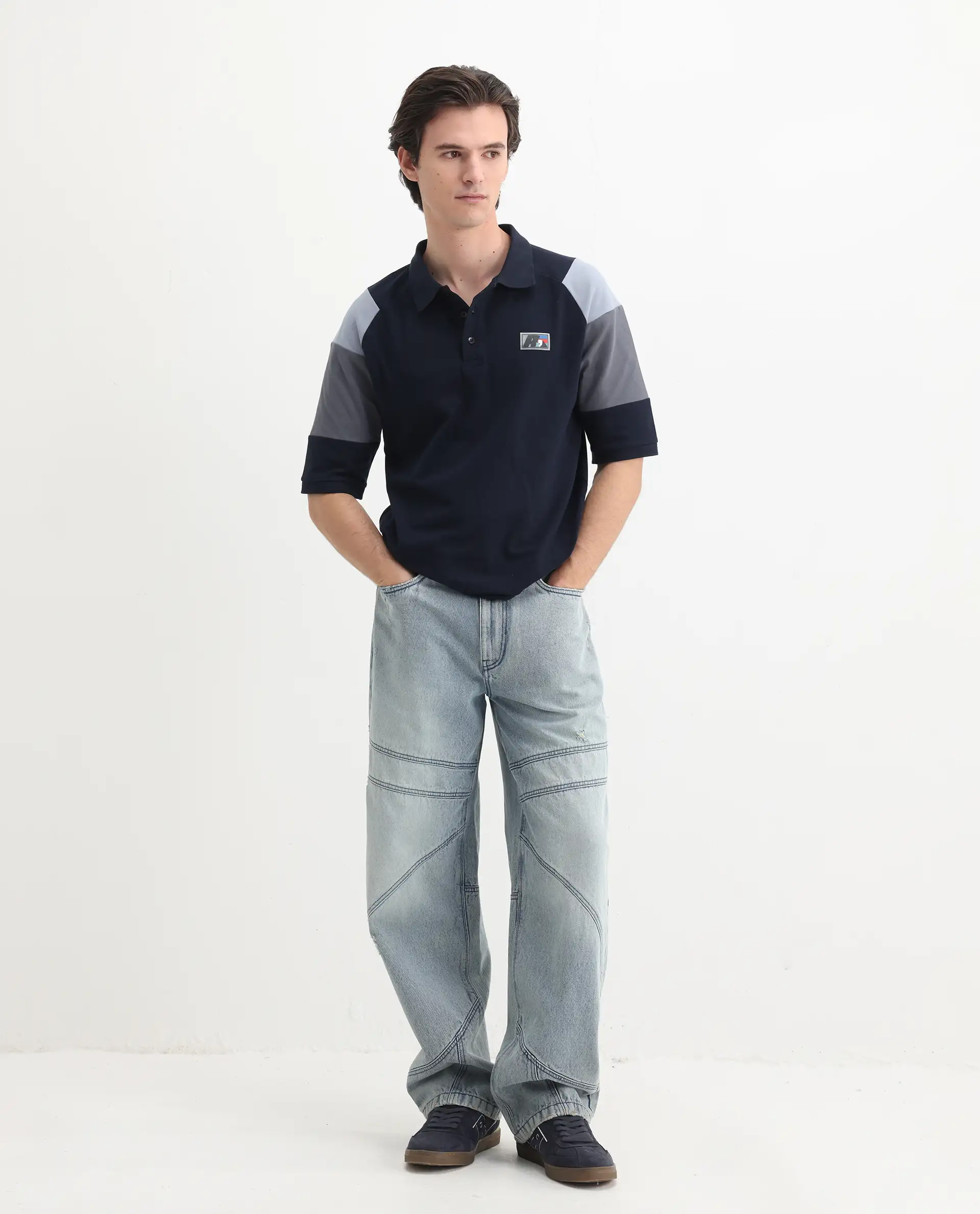 Rare Rabbit Men's Lucid Navy Cotton Blend Cut And Sew Relaxed Fit Half Sleeve Polo - Image 2