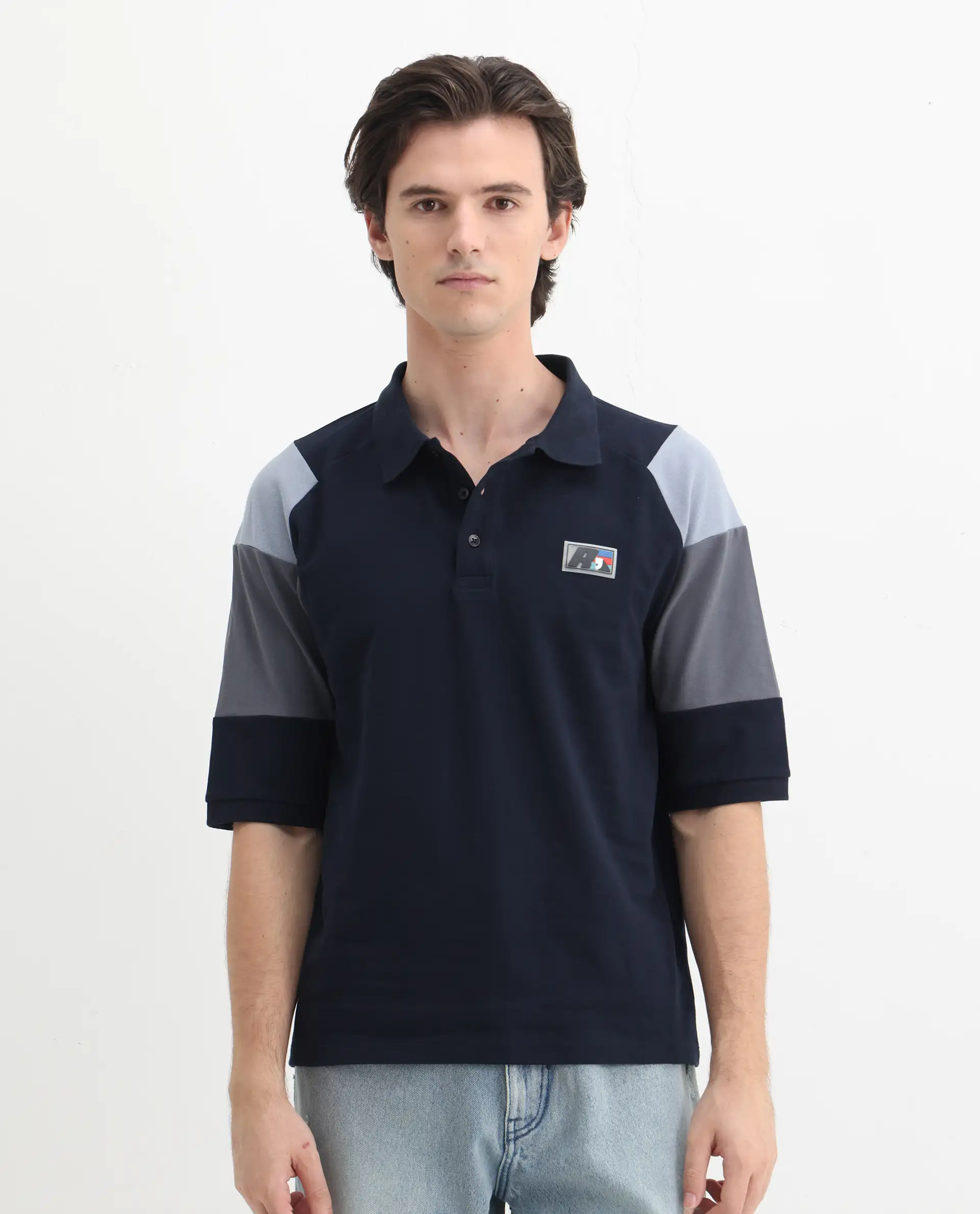 Rare Rabbit Men's Lucid Navy Cotton Blend Cut And Sew Relaxed Fit Half Sleeve Polo - Image 4