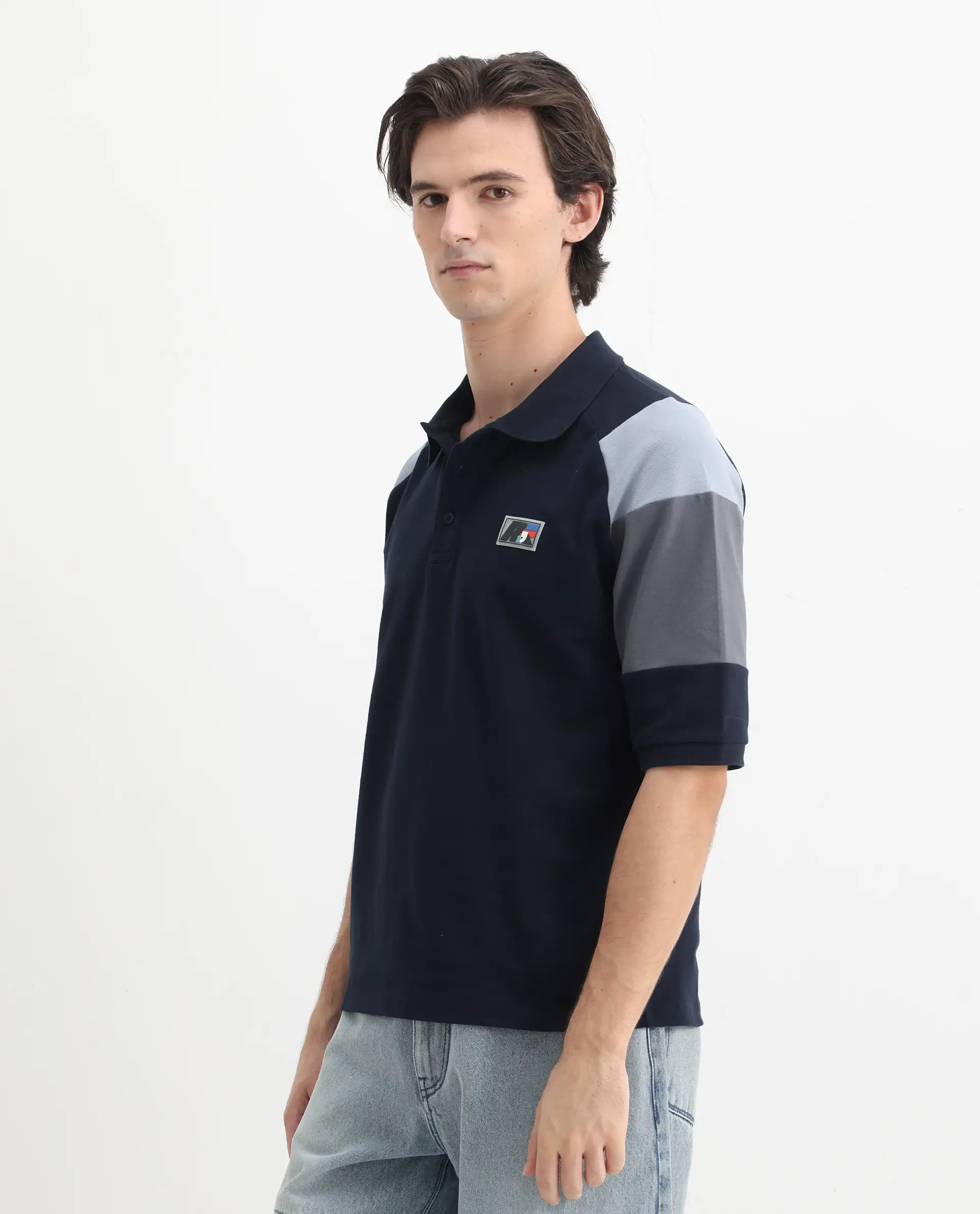 Rare Rabbit Men's Lucid Navy Cotton Blend Cut And Sew Relaxed Fit Half Sleeve Polo - Image 5