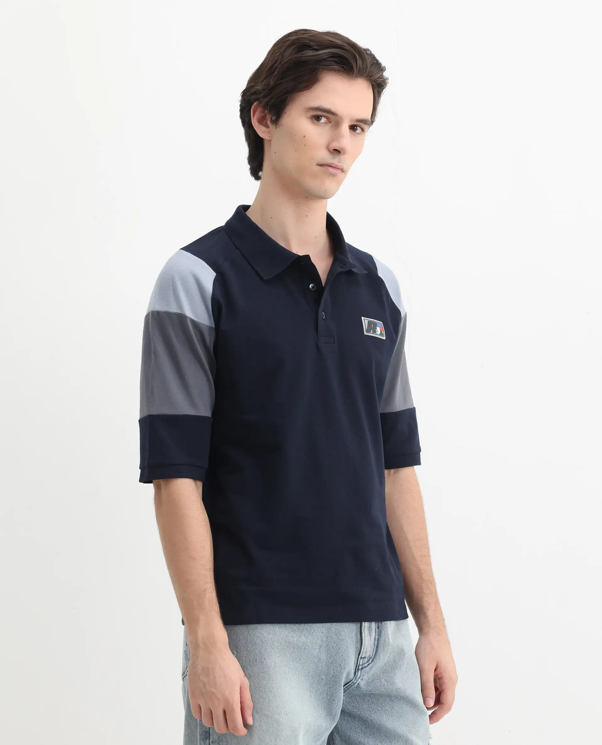 Rare Rabbit Men's Lucid Navy Cotton Blend Cut And Sew Relaxed Fit Half Sleeve Polo - Image 6