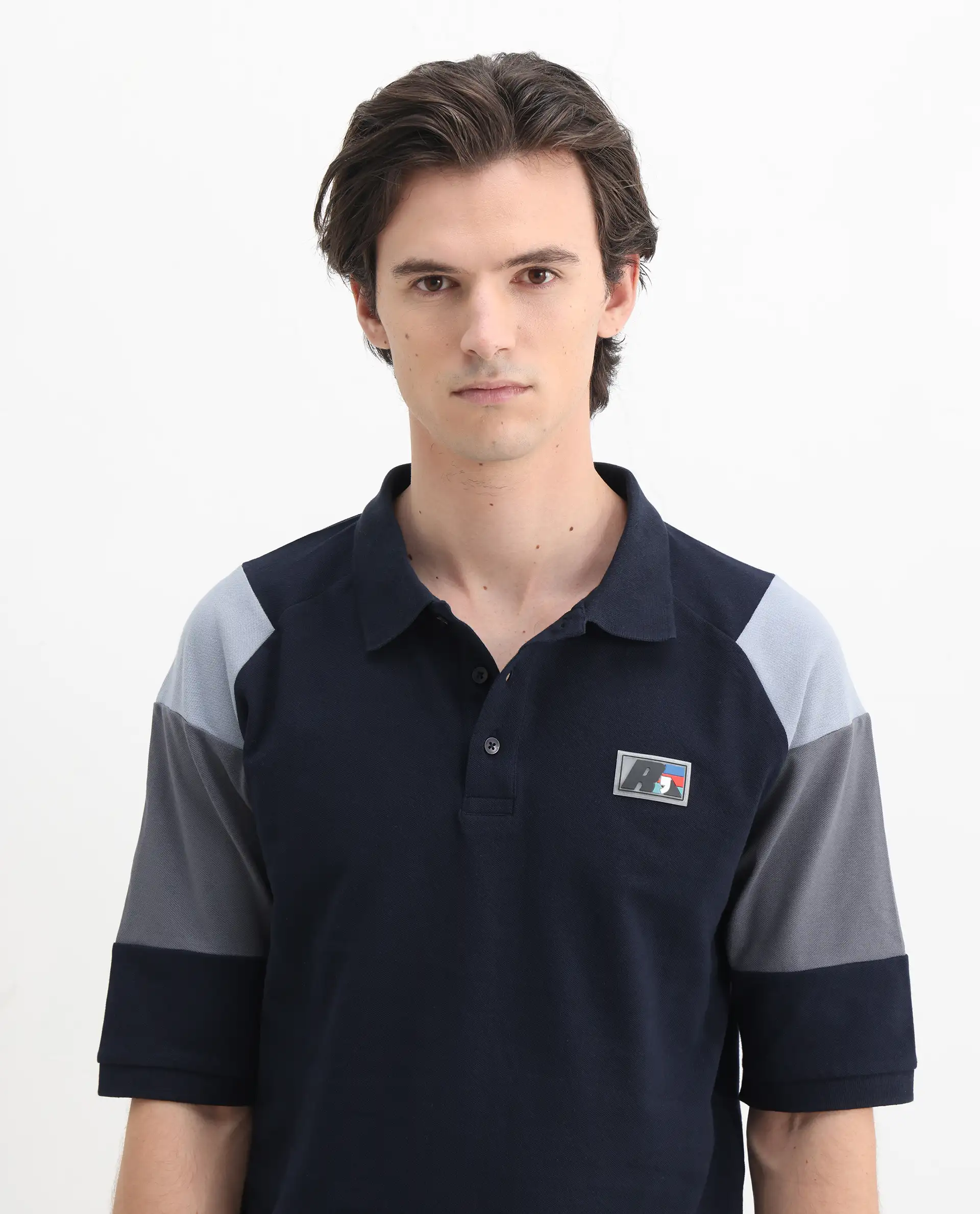 Rare Rabbit Men's Lucid Navy Cotton Blend Cut And Sew Relaxed Fit Half Sleeve Polo - Image 7