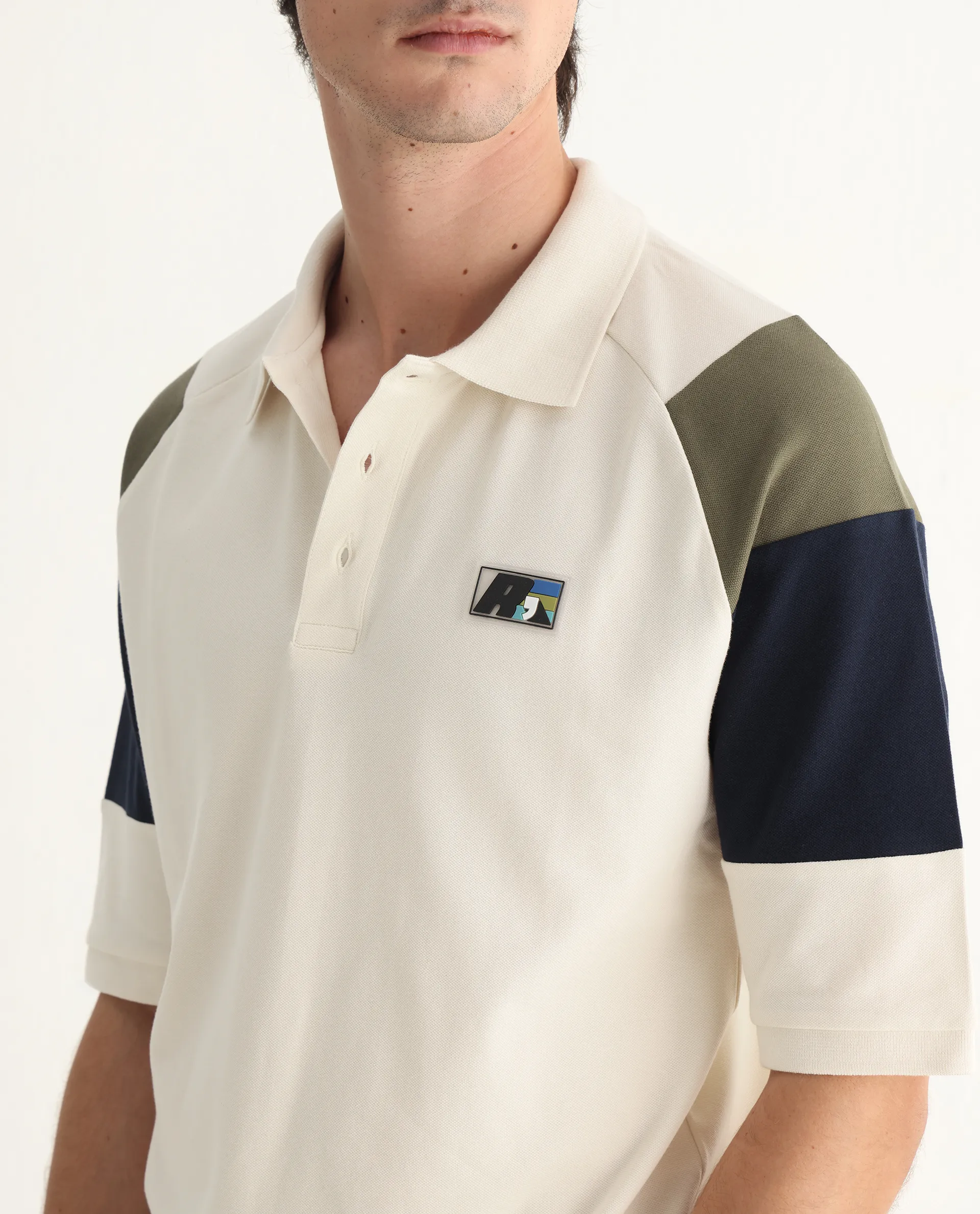 Rare Rabbit Men's Lucid Off White Cotton Blend Cut And Sew Relaxed Fit Half Sleeve Polo - Image 3