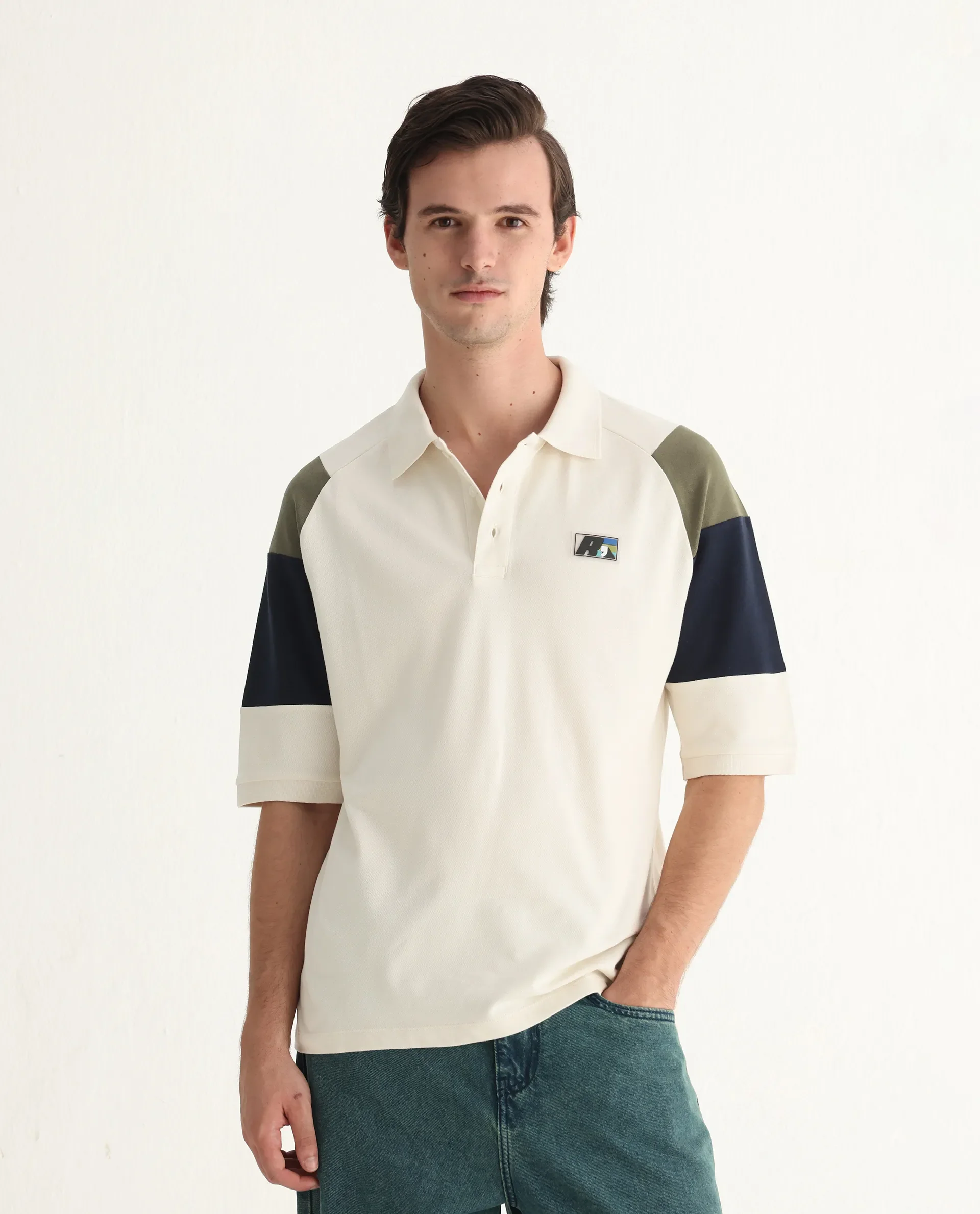 Rare Rabbit Men's Lucid Off White Cotton Blend Cut And Sew Relaxed Fit Half Sleeve Polo - Image 4