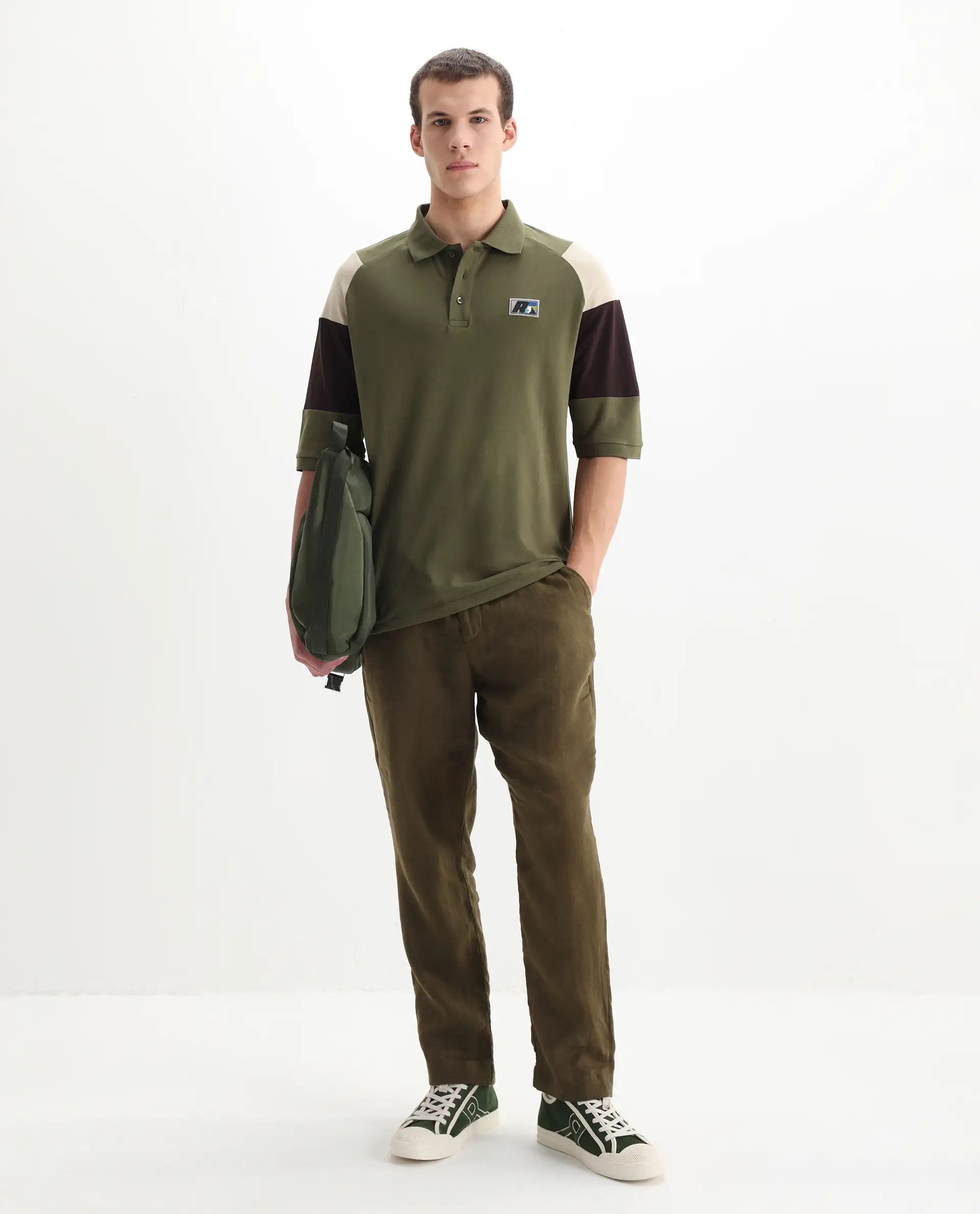 Rare Rabbit Men's Lucid Olive Cotton Blend Cut And Sew Relaxed Fit Half Sleeve Polo - Image 2