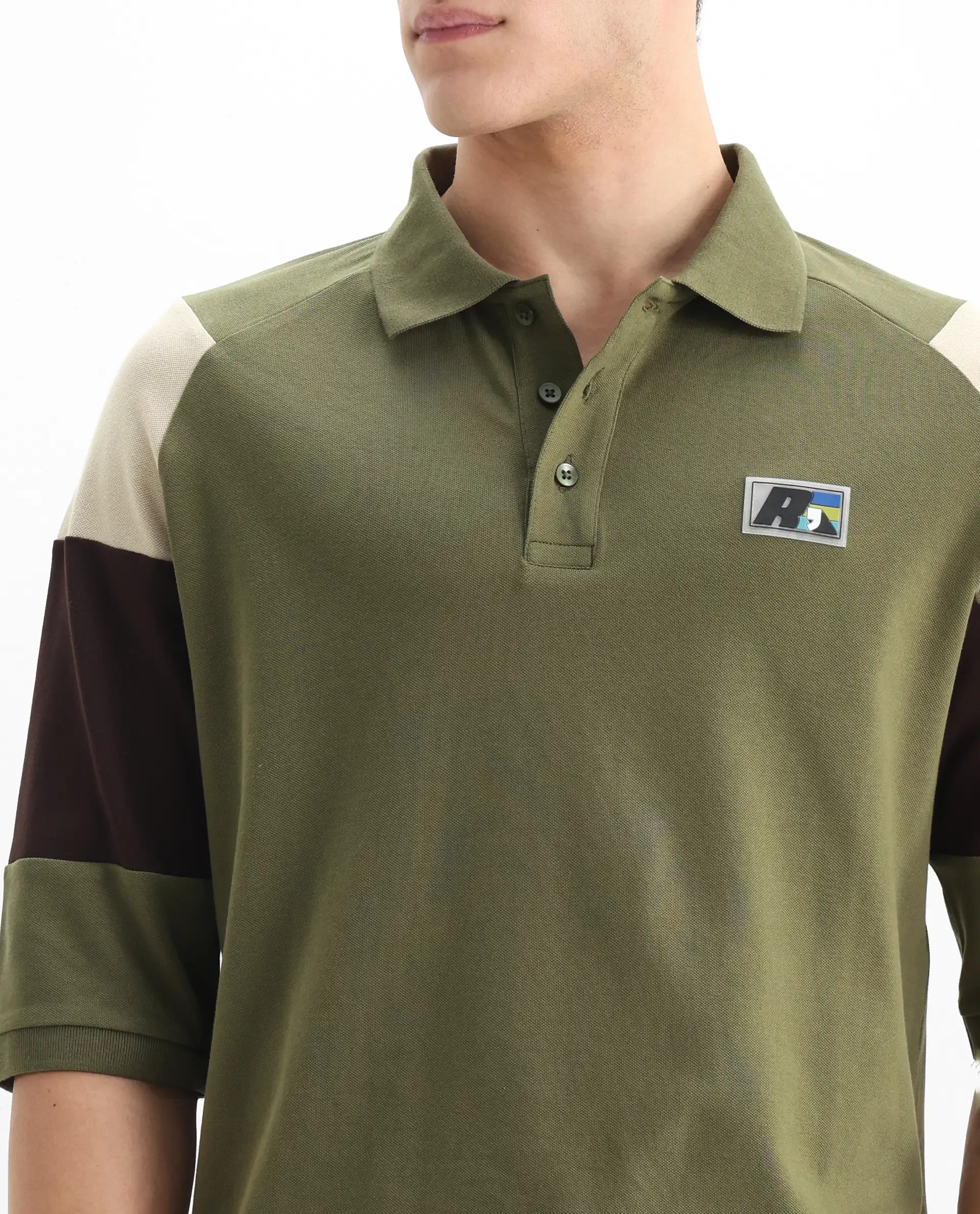 Rare Rabbit Men's Lucid Olive Cotton Blend Cut And Sew Relaxed Fit Half Sleeve Polo - Image 3
