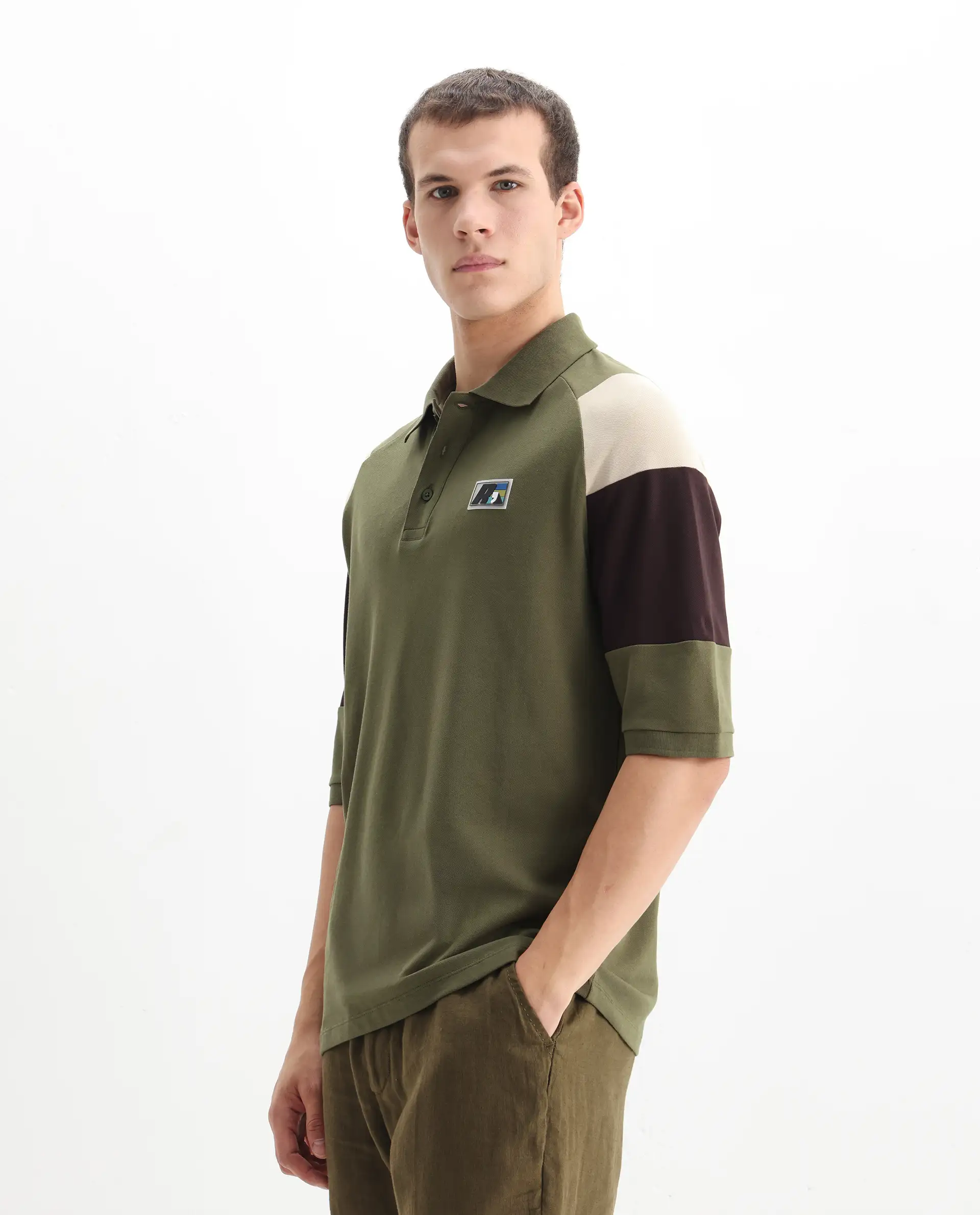 Rare Rabbit Men's Lucid Olive Cotton Blend Cut And Sew Relaxed Fit Half Sleeve Polo - Image 4