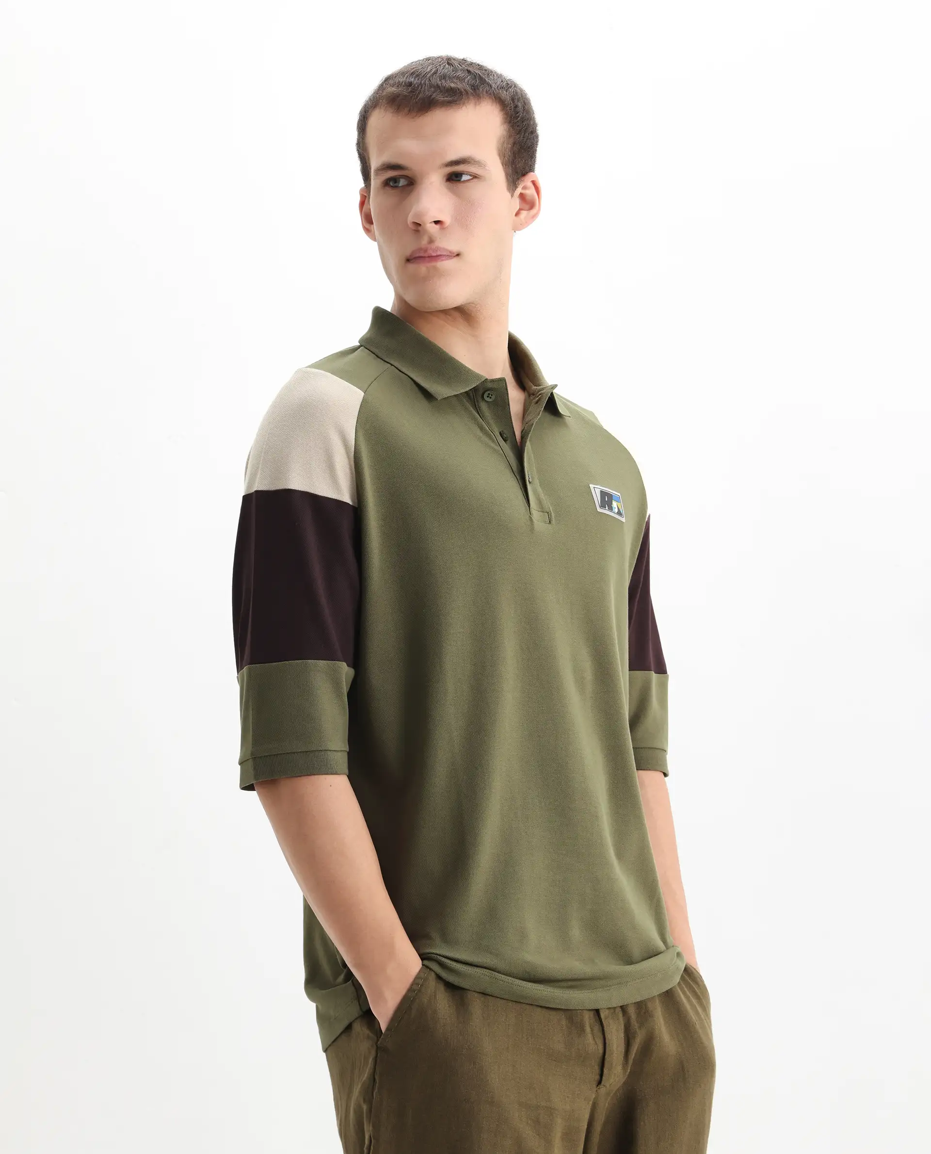 Rare Rabbit Men's Lucid Olive Cotton Blend Cut And Sew Relaxed Fit Half Sleeve Polo - Image 5
