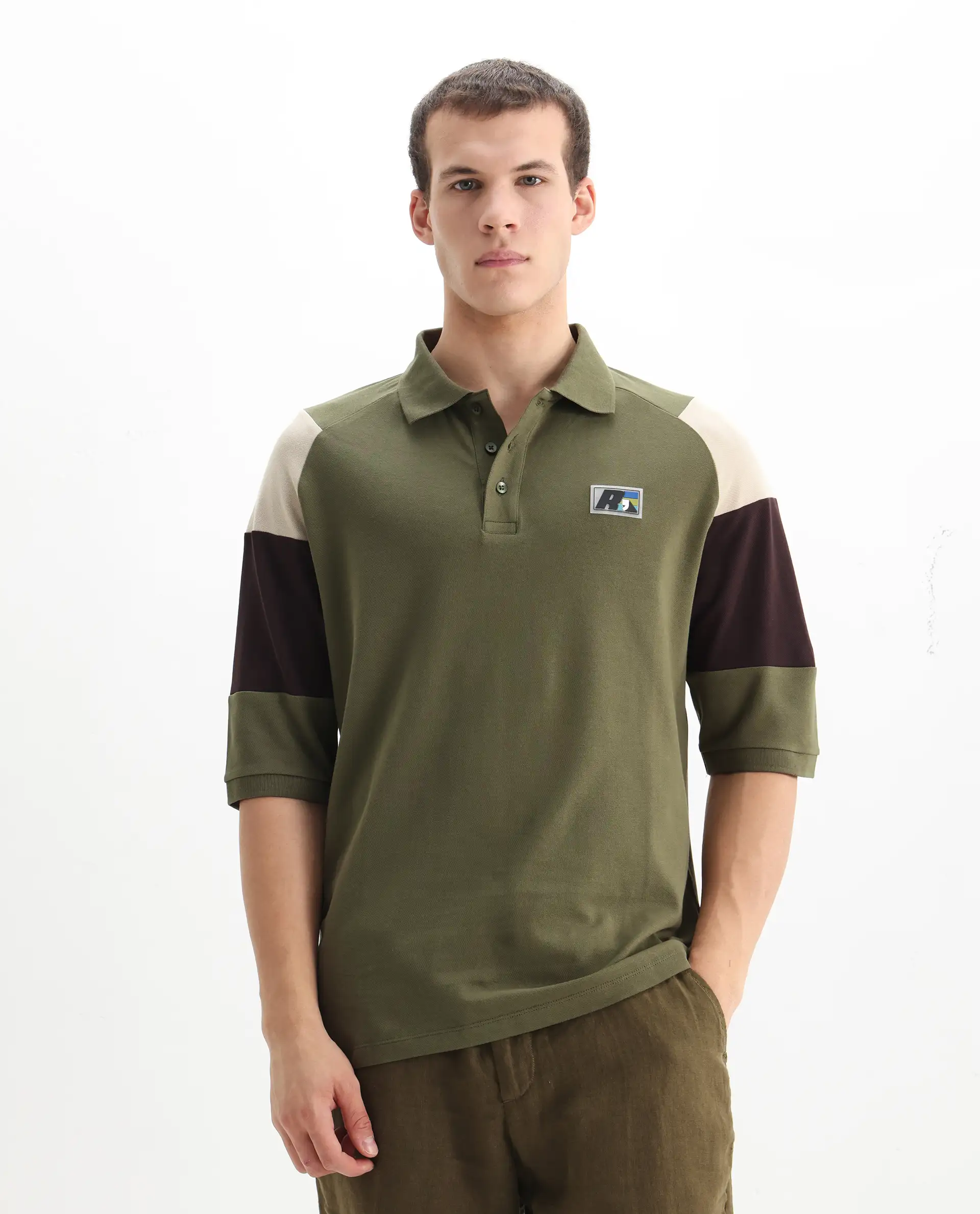 Rare Rabbit Men's Lucid Olive Cotton Blend Cut And Sew Relaxed Fit Half Sleeve Polo - Image 6