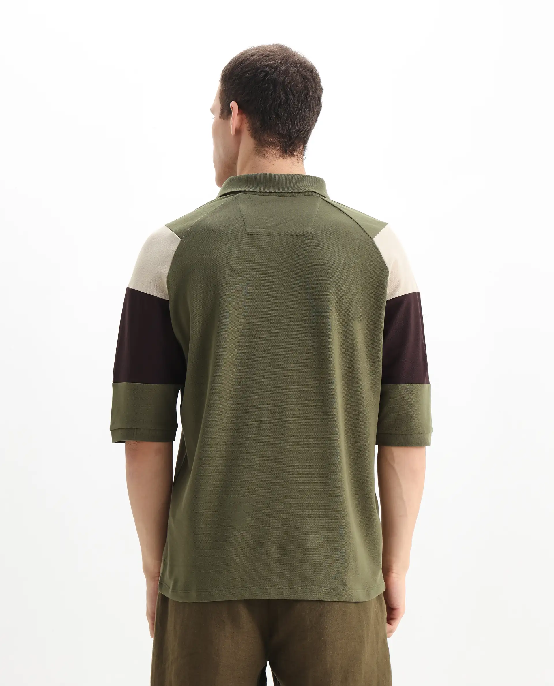 Rare Rabbit Men's Lucid Olive Cotton Blend Cut And Sew Relaxed Fit Half Sleeve Polo - Image 7