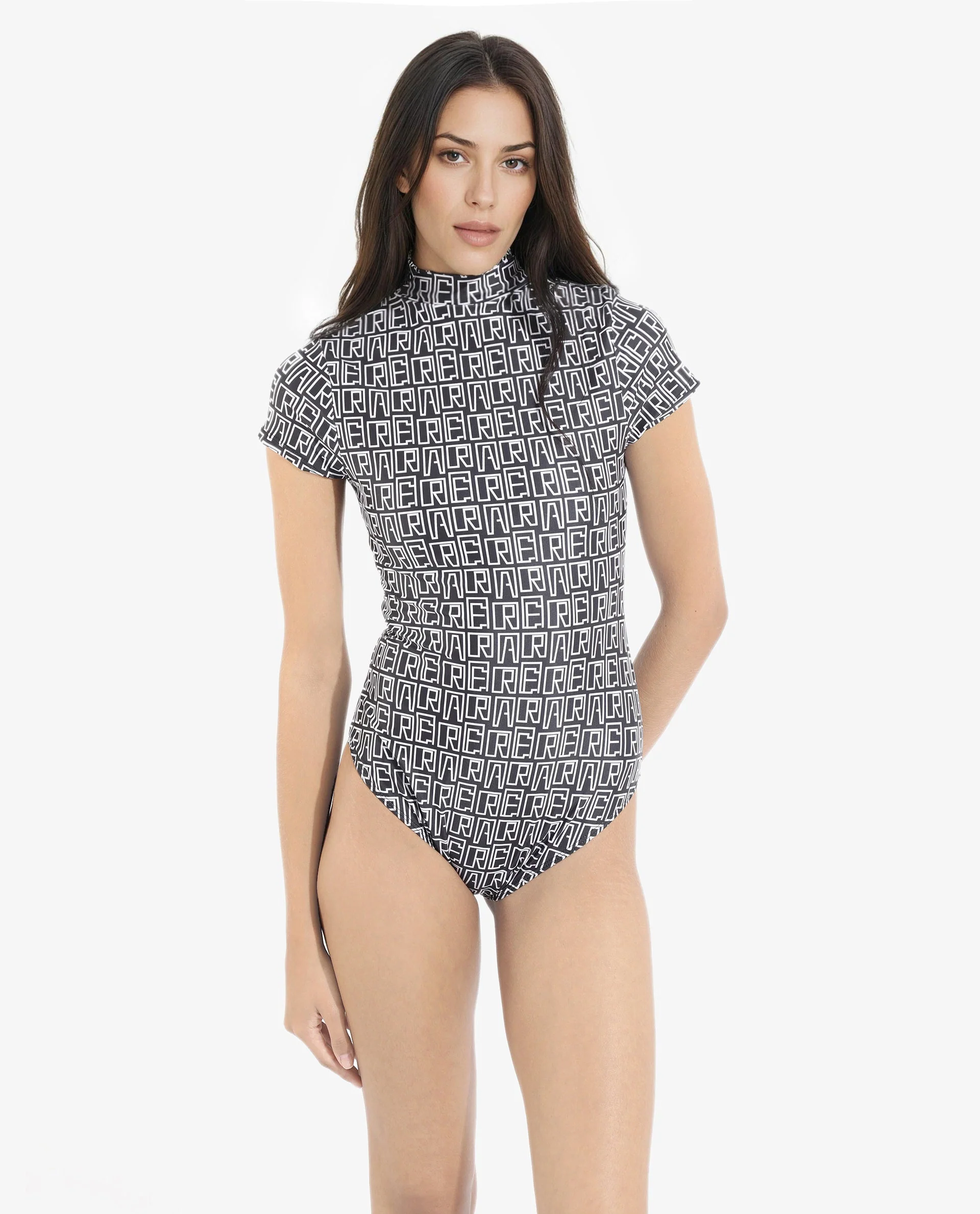 Rareism Women's Lucie Black V-Neck Monogram Print Cape Sleeve Mini Bodysuit Swimsuit - Image 3