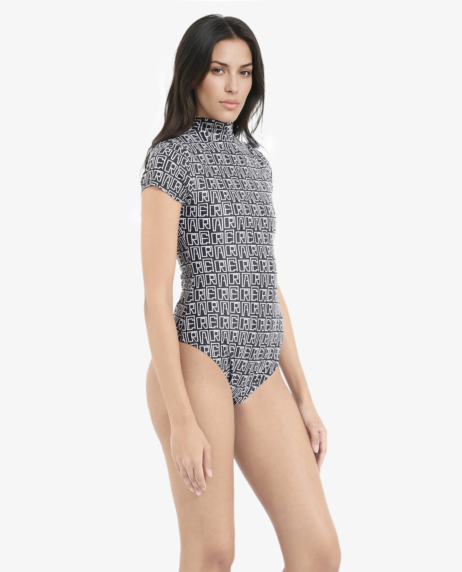 Rareism Women's Lucie Black V-Neck Monogram Print Cape Sleeve Mini Bodysuit Swimsuit - Image 4