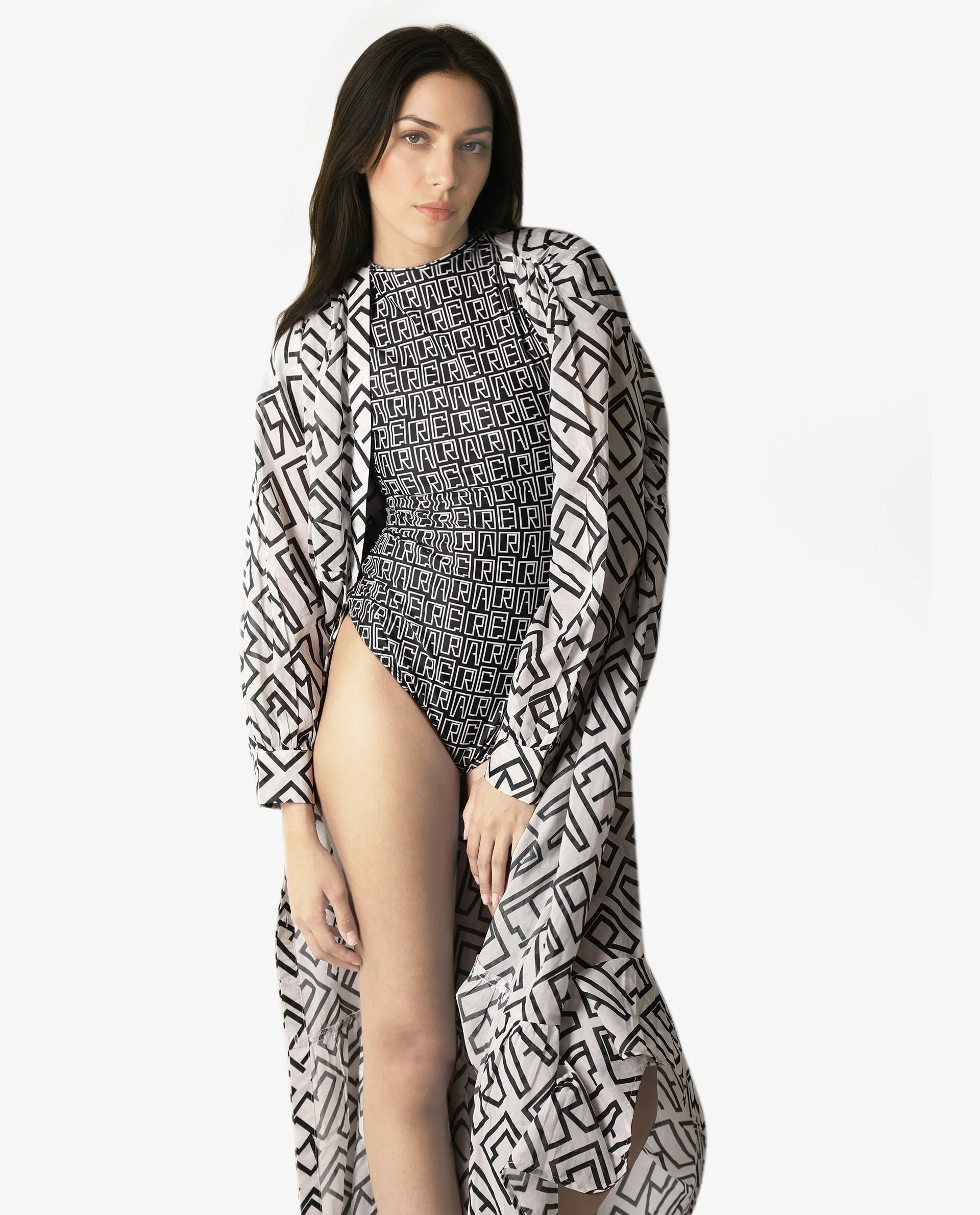 Rareism Women's Lucie Black V-Neck Monogram Print Cape Sleeve Mini Bodysuit Swimsuit - Image 5