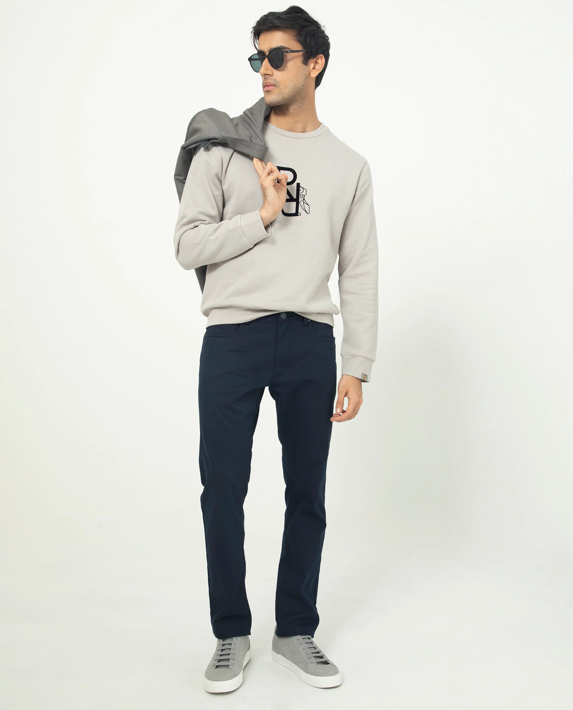 Rare Rabbit Men's Lucien Grey Cotton Embroidered Regular Fit Full Sleeve Crew Neck Sweatshirt - Image 2