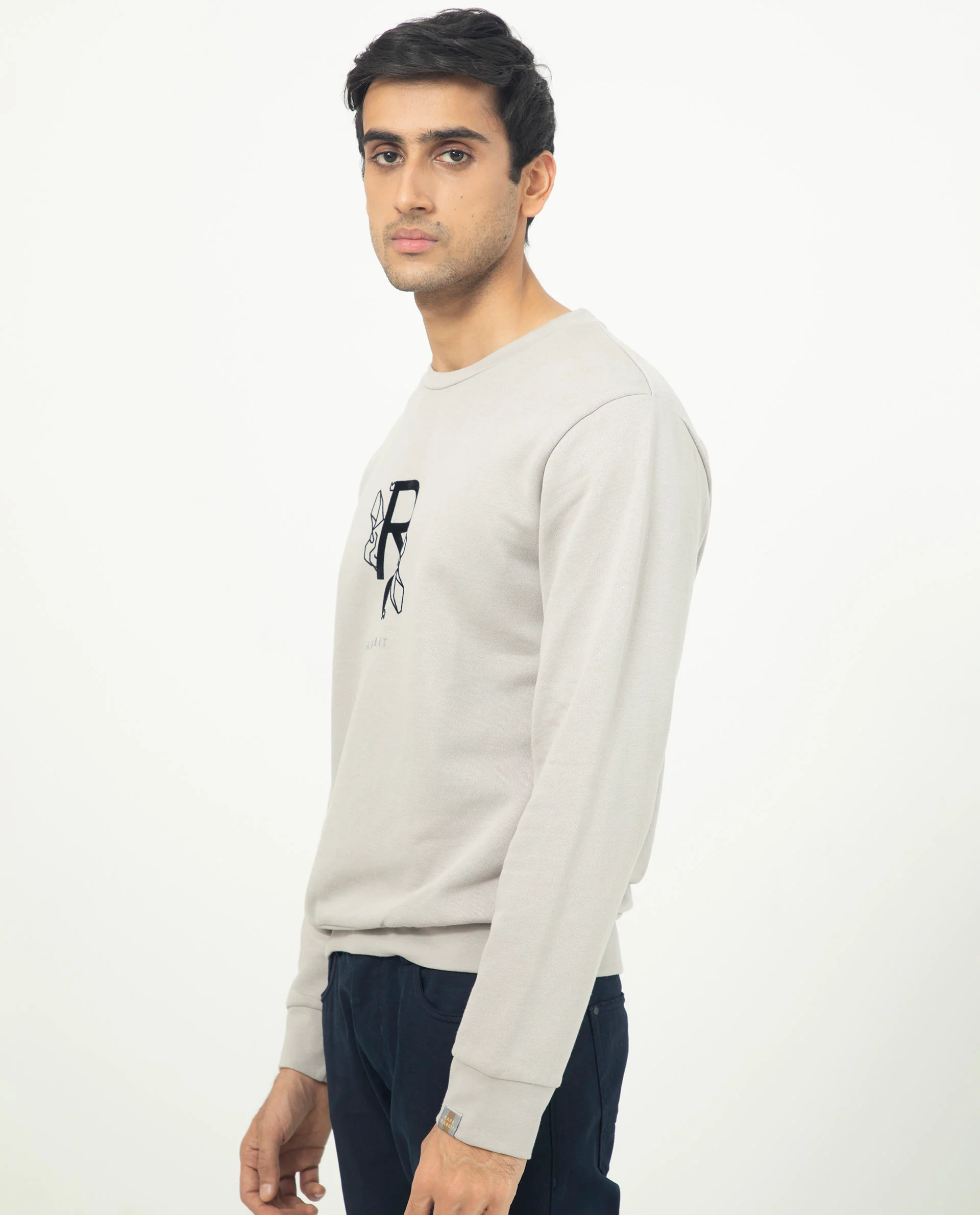 Rare Rabbit Men's Lucien Grey Cotton Embroidered Regular Fit Full Sleeve Crew Neck Sweatshirt - Image 3