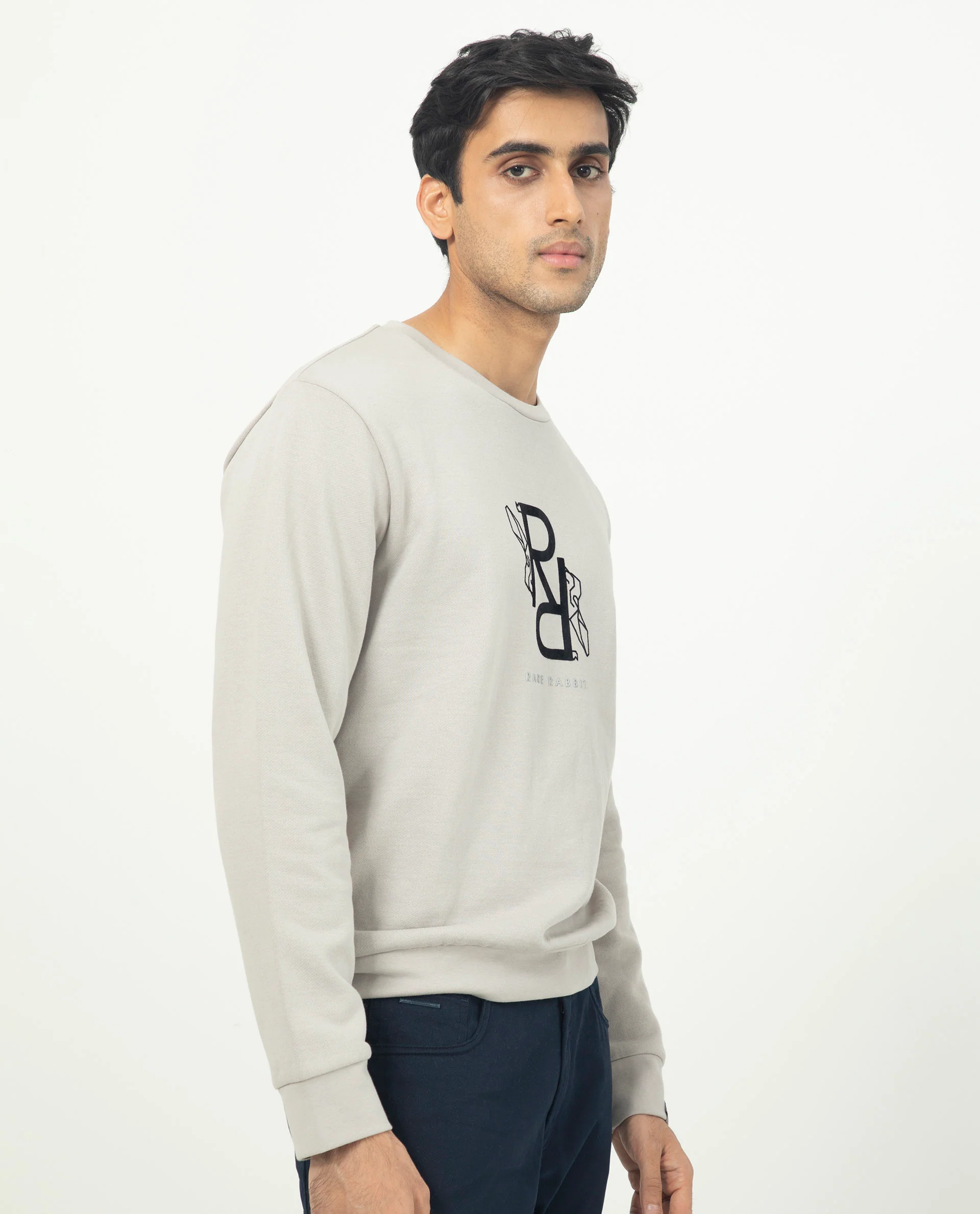 Rare Rabbit Men's Lucien Grey Cotton Embroidered Regular Fit Full Sleeve Crew Neck Sweatshirt - Image 4