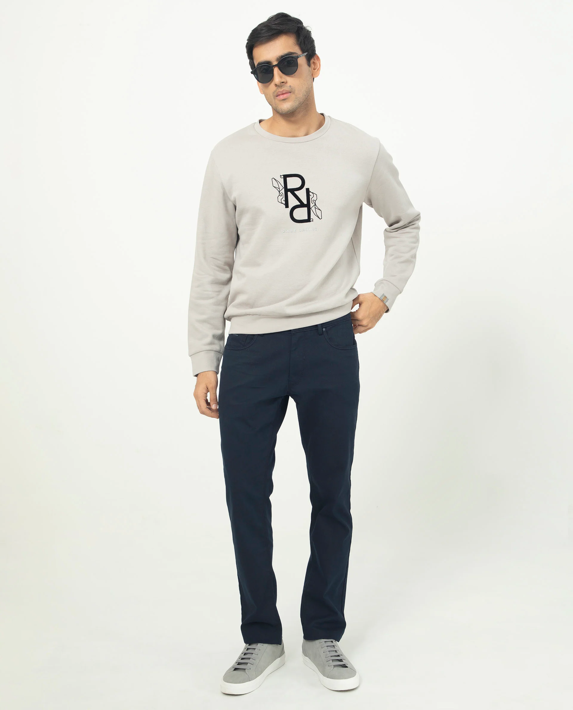 Rare Rabbit Men's Lucien Grey Cotton Embroidered Regular Fit Full Sleeve Crew Neck Sweatshirt - Image 5