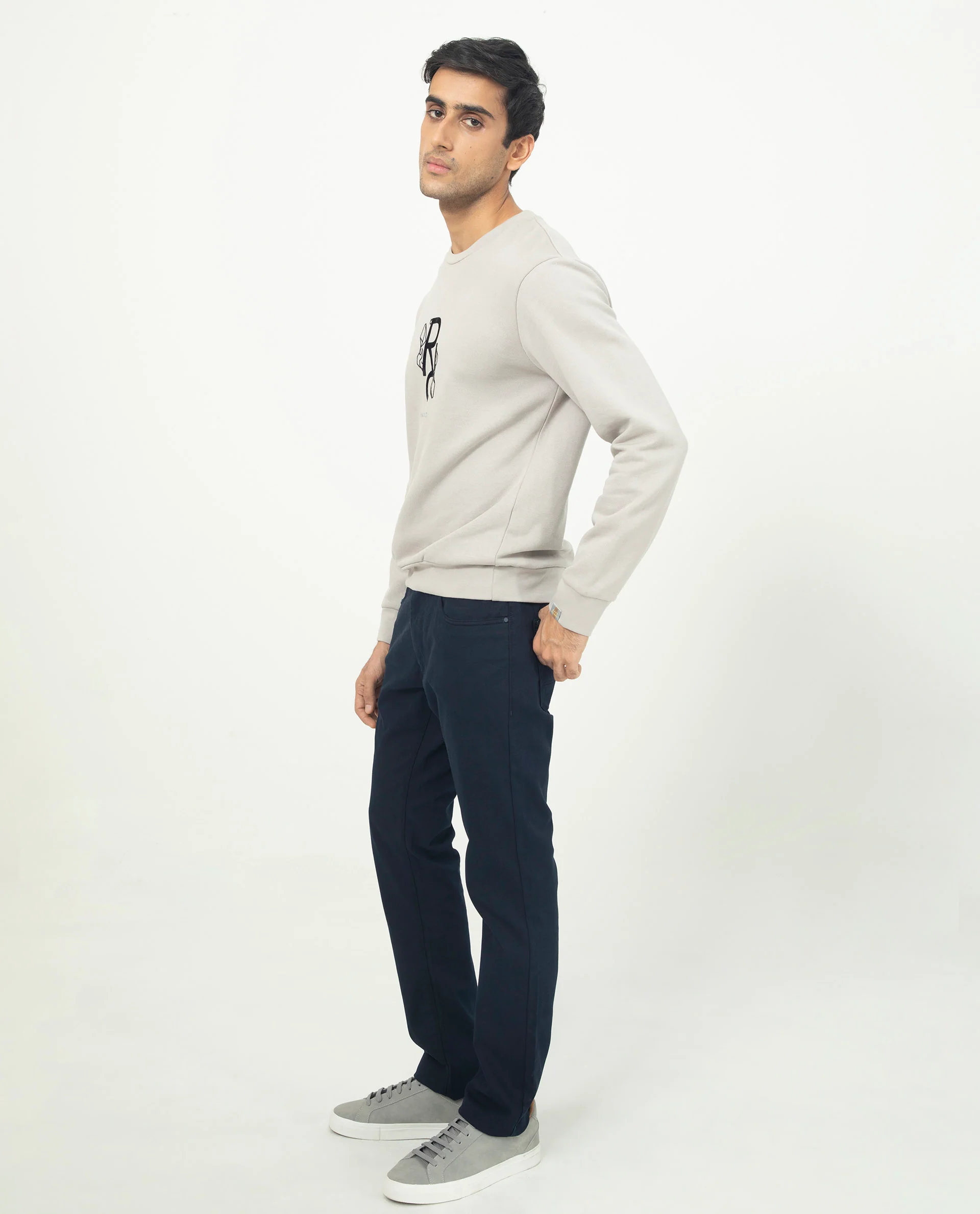 Rare Rabbit Men's Lucien Grey Cotton Embroidered Regular Fit Full Sleeve Crew Neck Sweatshirt - Image 6