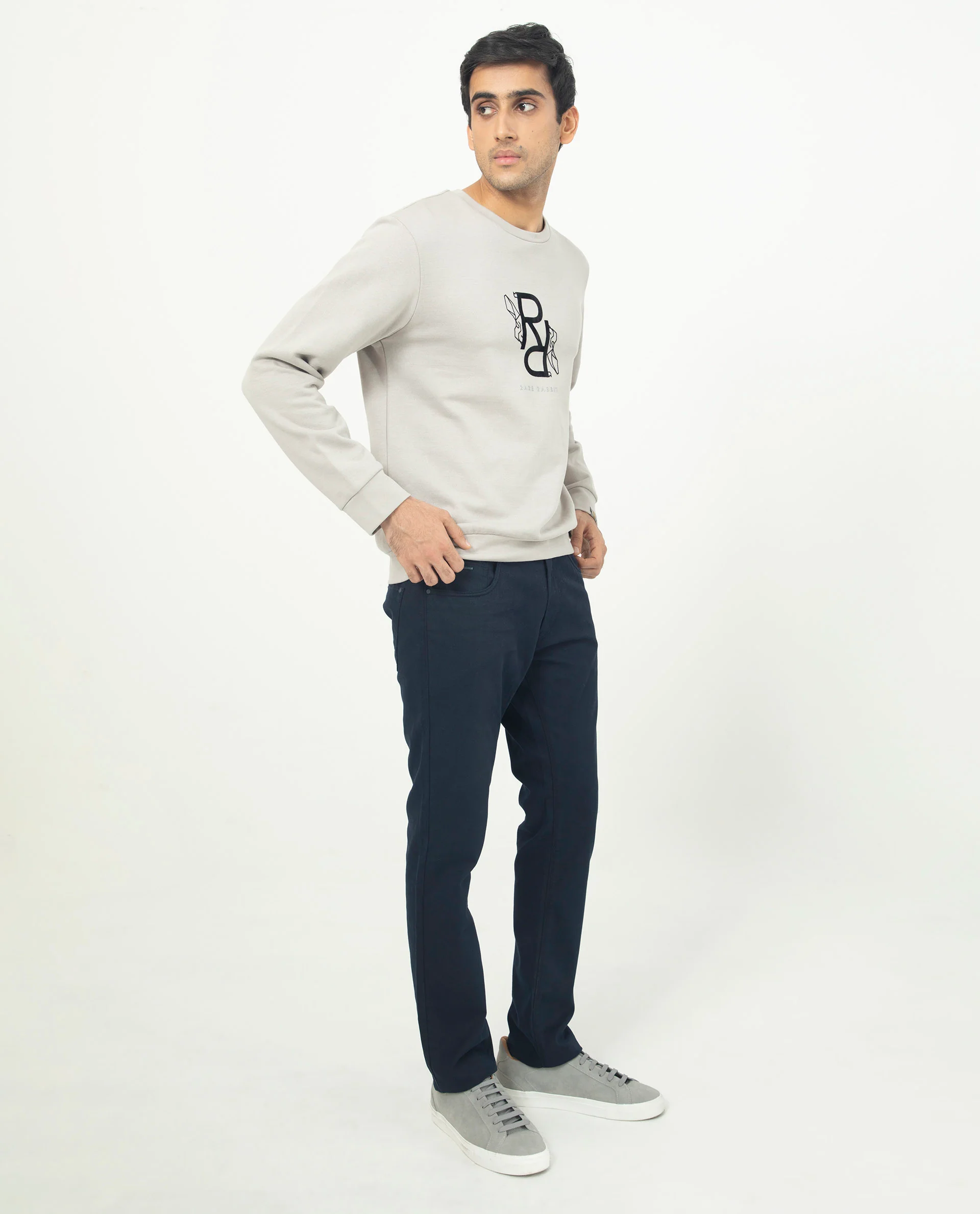 Rare Rabbit Men's Lucien Grey Cotton Embroidered Regular Fit Full Sleeve Crew Neck Sweatshirt - Image 7
