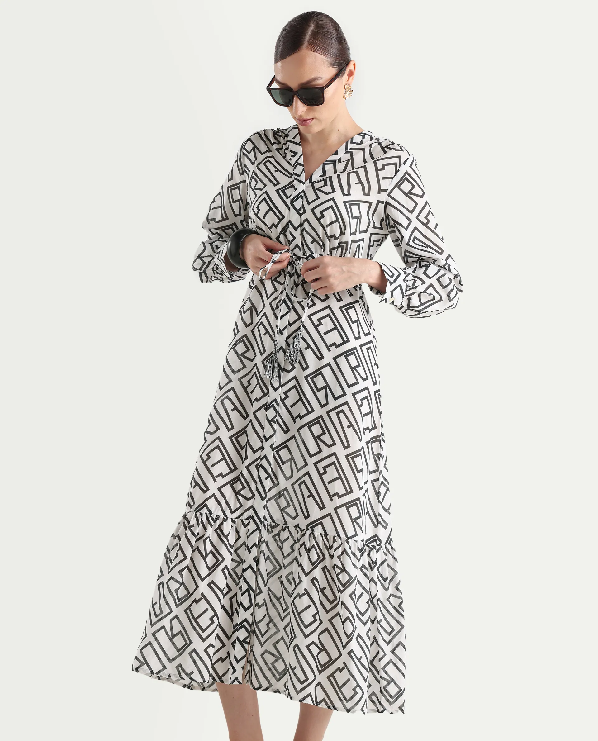 Rareism Women's Lucinda Light Beige Cotton V-Neck Monogram Print Cuffed Sleeve Maxi Regular Fit Shrug - Image 2