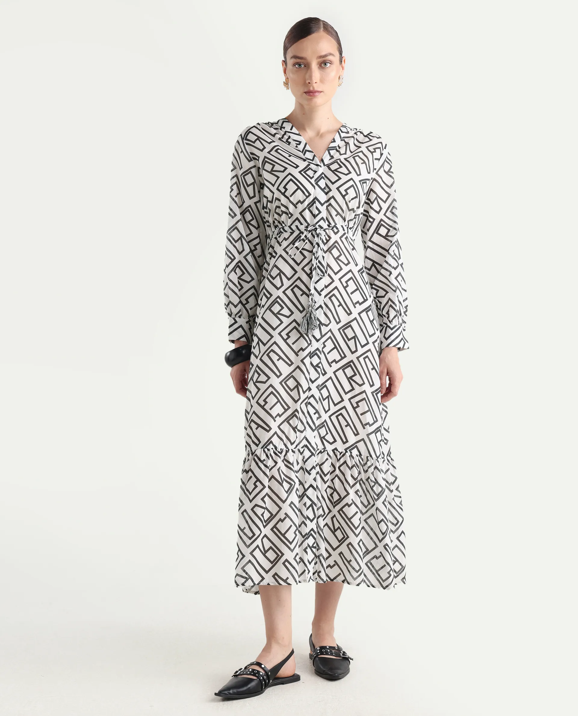 Rareism Women's Lucinda Light Beige Cotton V-Neck Monogram Print Cuffed Sleeve Maxi Regular Fit Shrug - Image 3