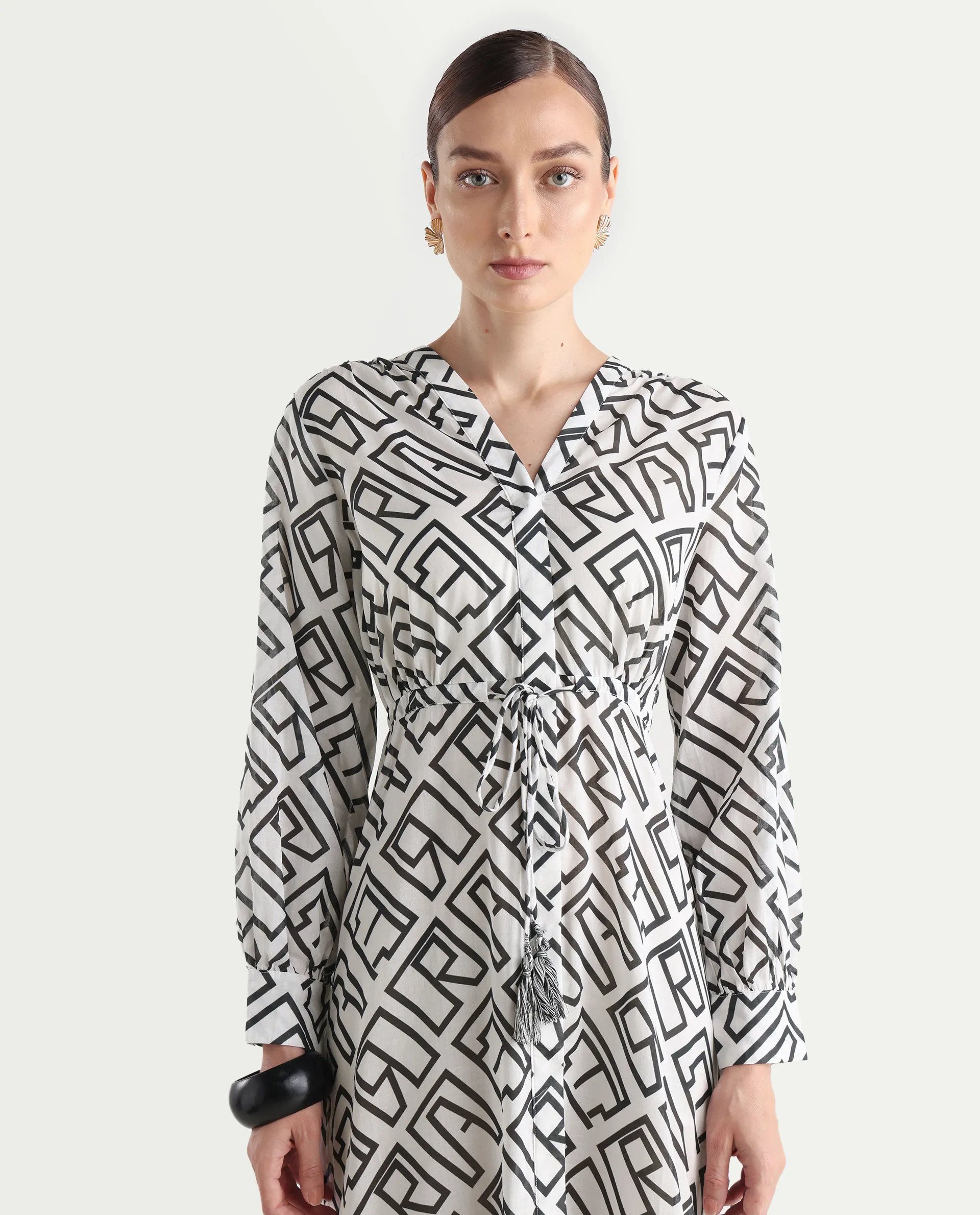 Rareism Women's Lucinda Light Beige Cotton V-Neck Monogram Print Cuffed Sleeve Maxi Regular Fit Shrug - Image 4