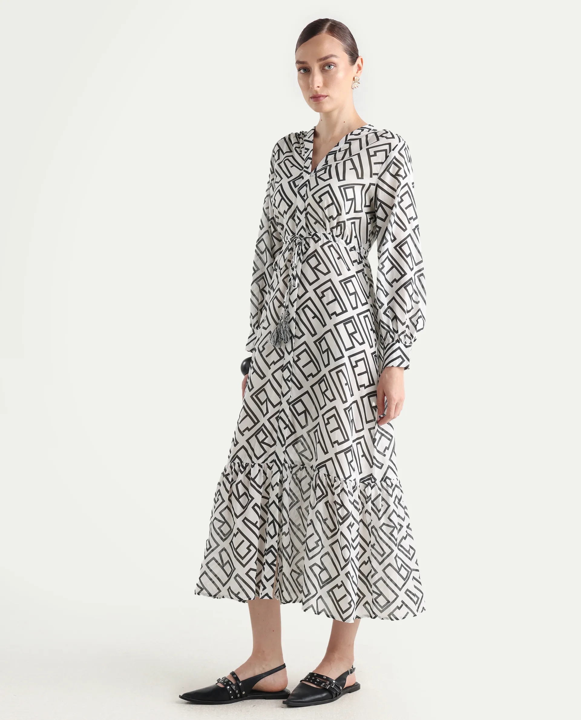 Rareism Women's Lucinda Light Beige Cotton V-Neck Monogram Print Cuffed Sleeve Maxi Regular Fit Shrug - Image 5