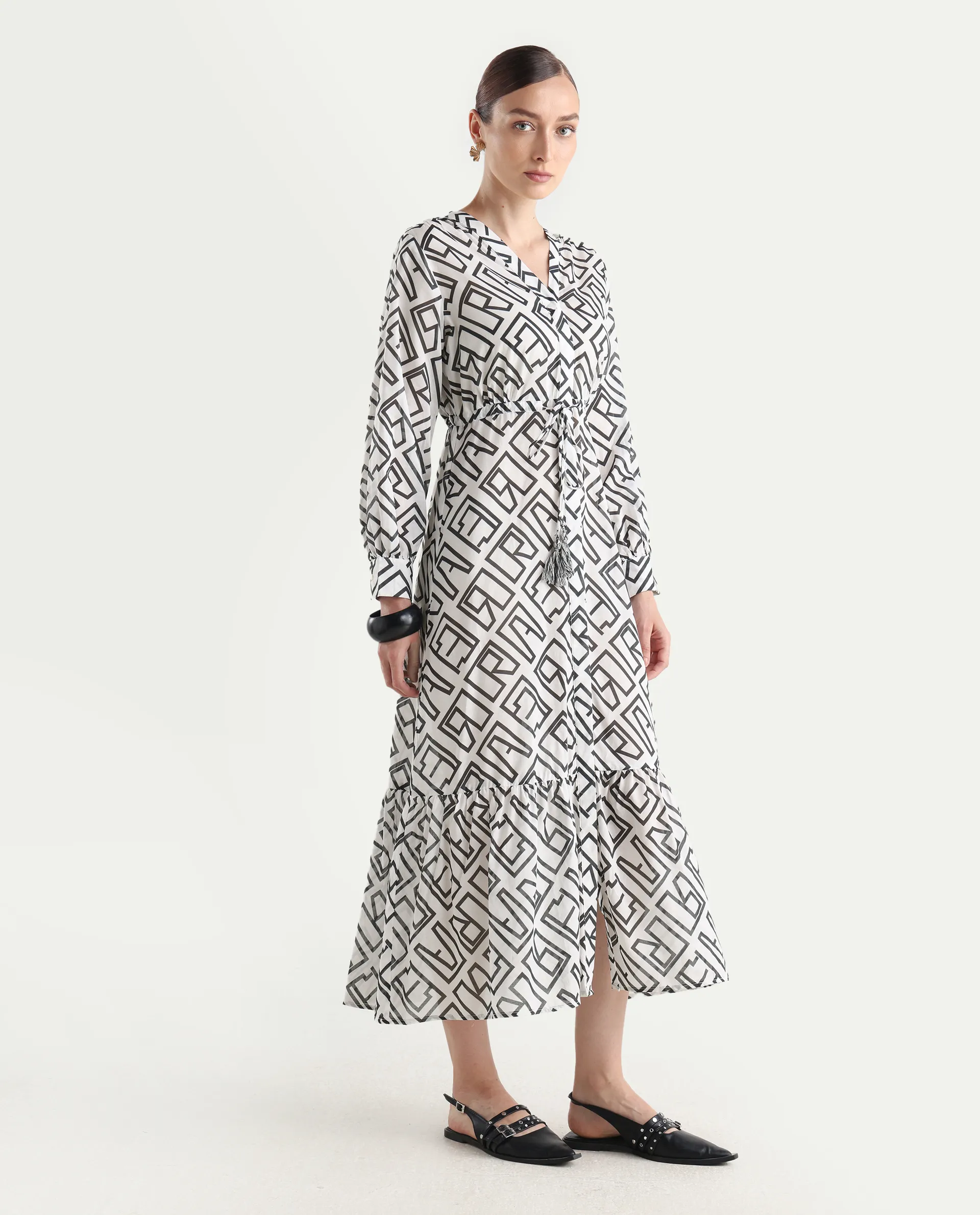 Rareism Women's Lucinda Light Beige Cotton V-Neck Monogram Print Cuffed Sleeve Maxi Regular Fit Shrug - Image 6