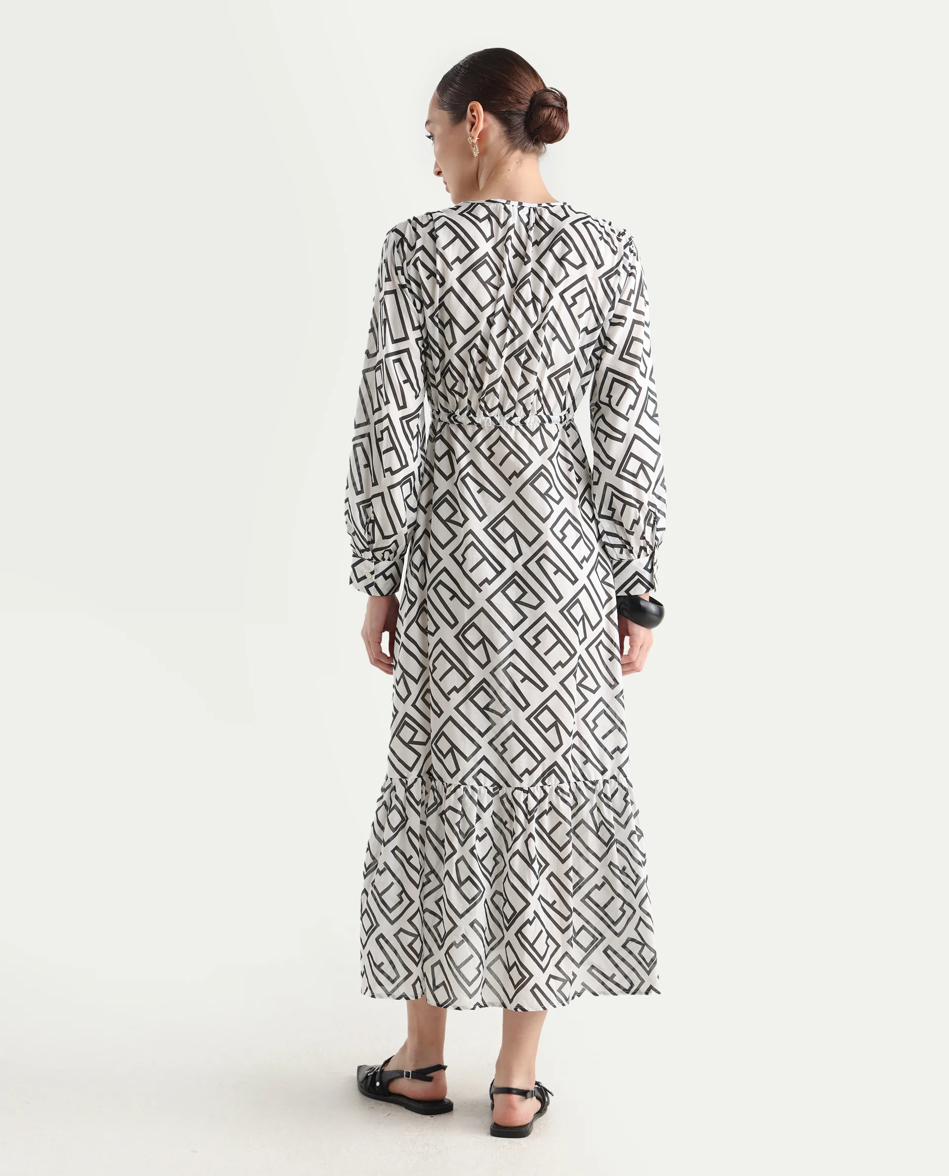 Rareism Women's Lucinda Light Beige Cotton V-Neck Monogram Print Cuffed Sleeve Maxi Regular Fit Shrug - Image 7