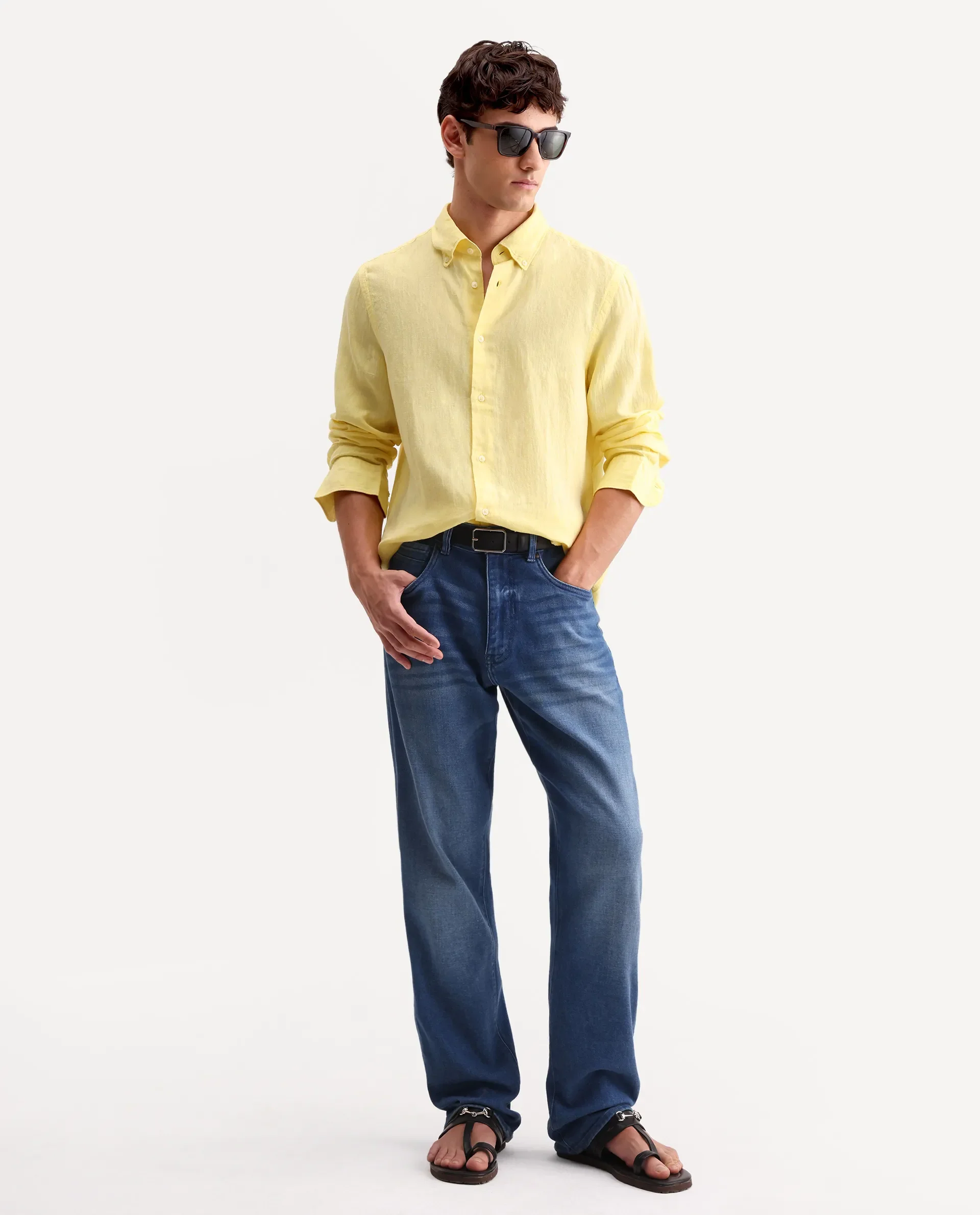 Rare Rabbit Men's Lucio Light Yellow 100% Linen Plain Regular Fit Full Sleeve Collared Shirt - Image 2
