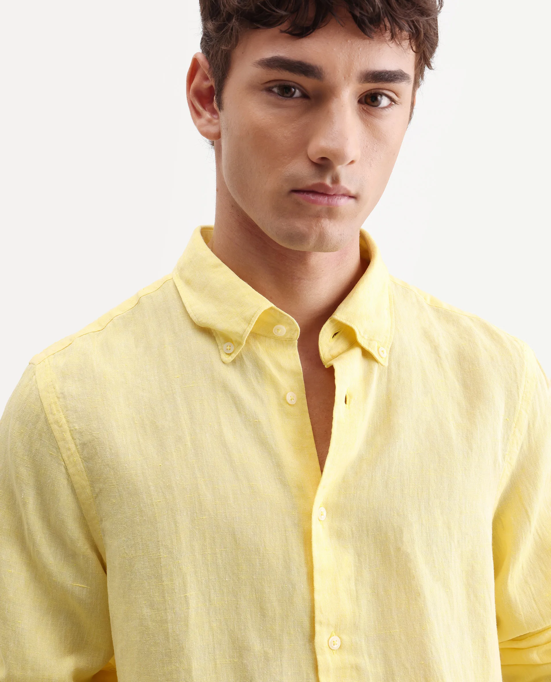 Rare Rabbit Men's Lucio Light Yellow 100% Linen Plain Regular Fit Full Sleeve Collared Shirt - Image 3
