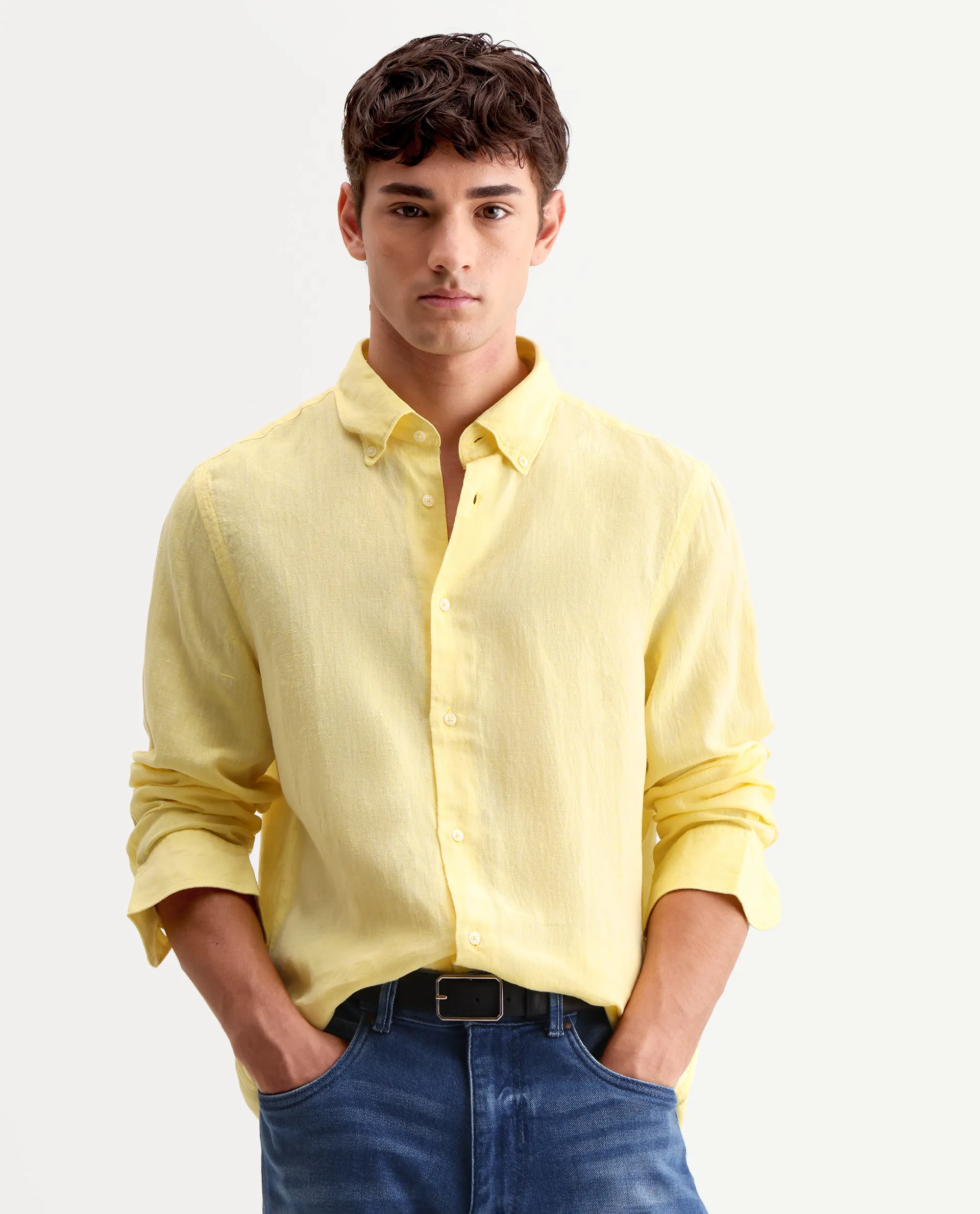 Rare Rabbit Men's Lucio Light Yellow 100% Linen Plain Regular Fit Full Sleeve Collared Shirt - Image 4