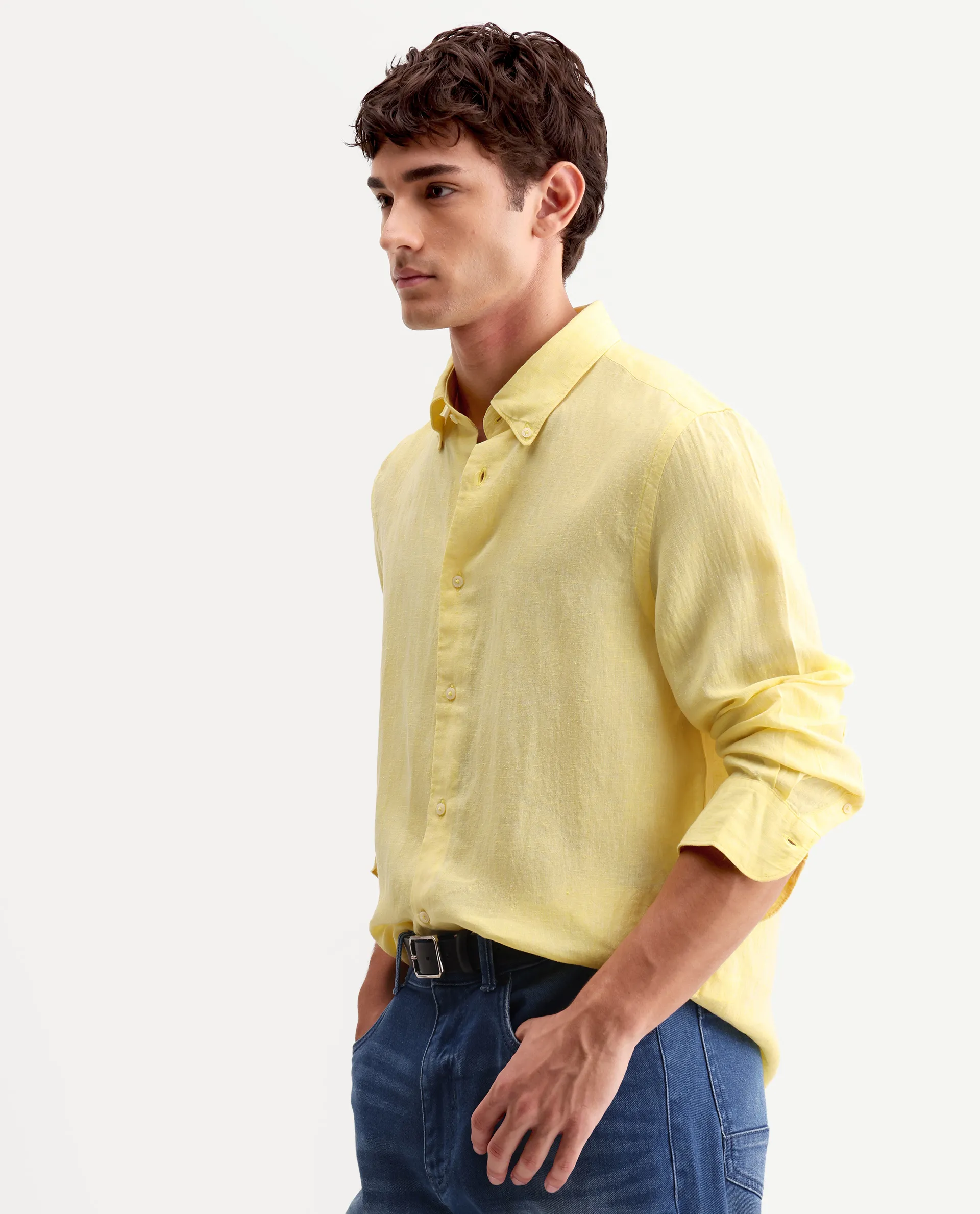 Rare Rabbit Men's Lucio Light Yellow 100% Linen Plain Regular Fit Full Sleeve Collared Shirt - Image 5
