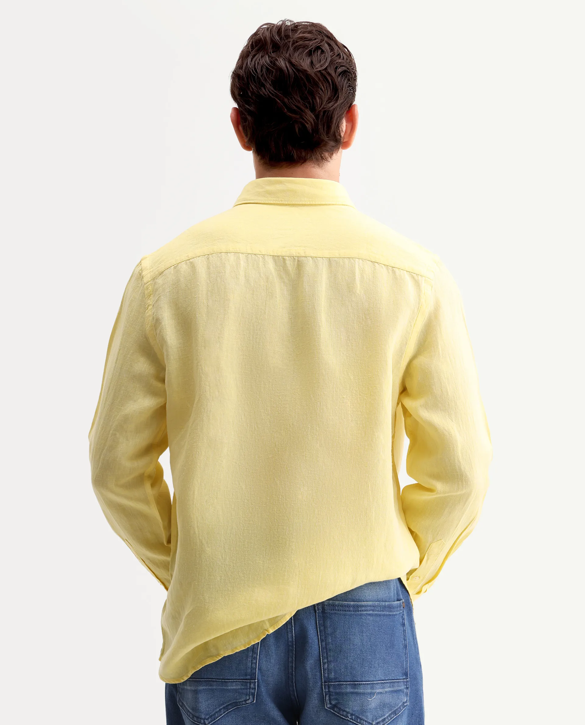 Rare Rabbit Men's Lucio Light Yellow 100% Linen Plain Regular Fit Full Sleeve Collared Shirt - Image 6
