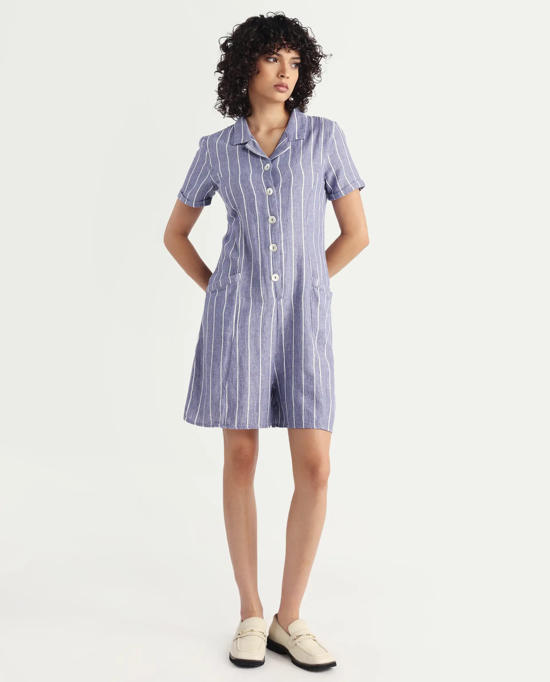 Rareism Women's Lucio Blue Linen Spread Collar Striped Tailored Playsuit - Image 2