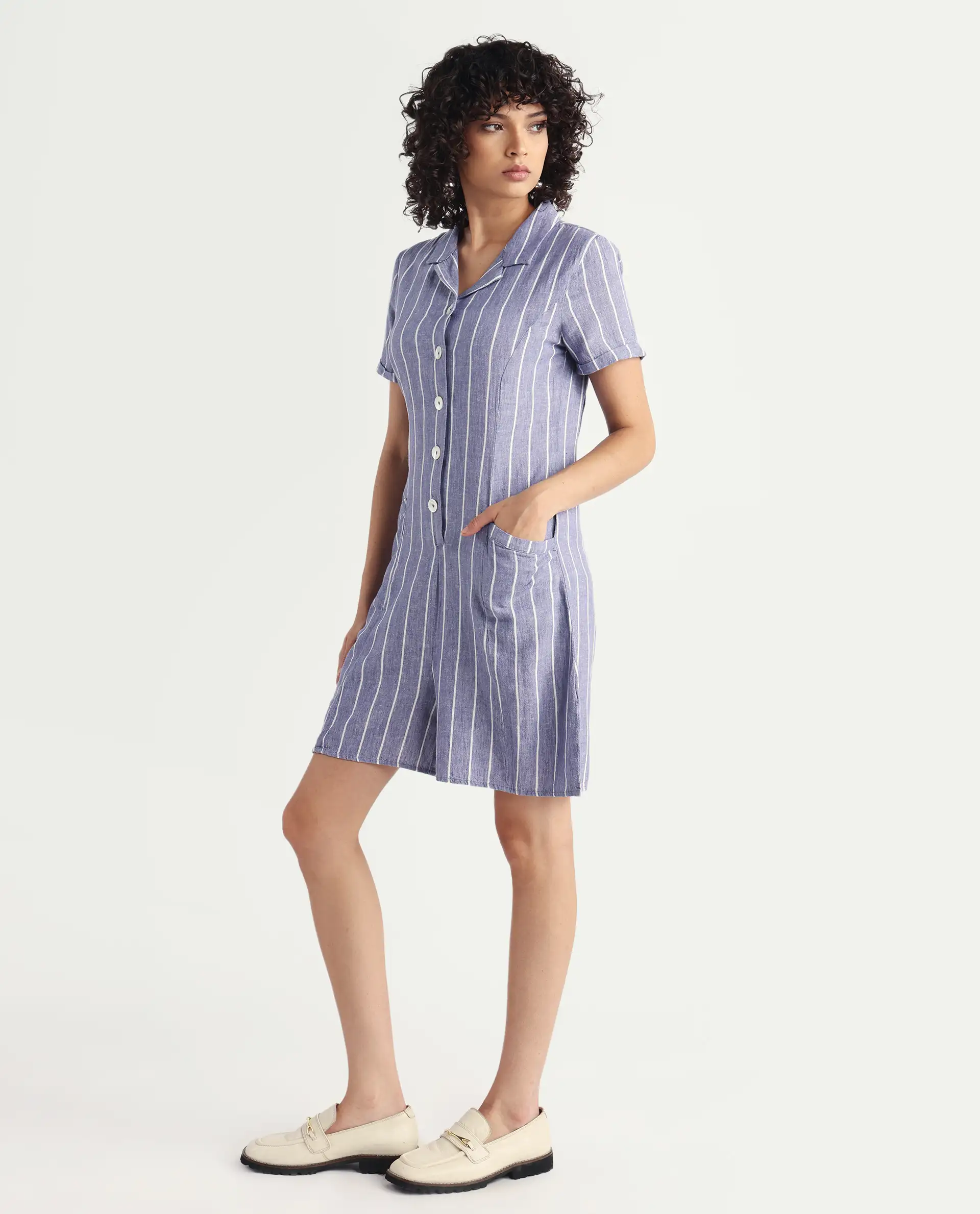 Rareism Women's Lucio Blue Linen Spread Collar Striped Tailored Playsuit - Image 3