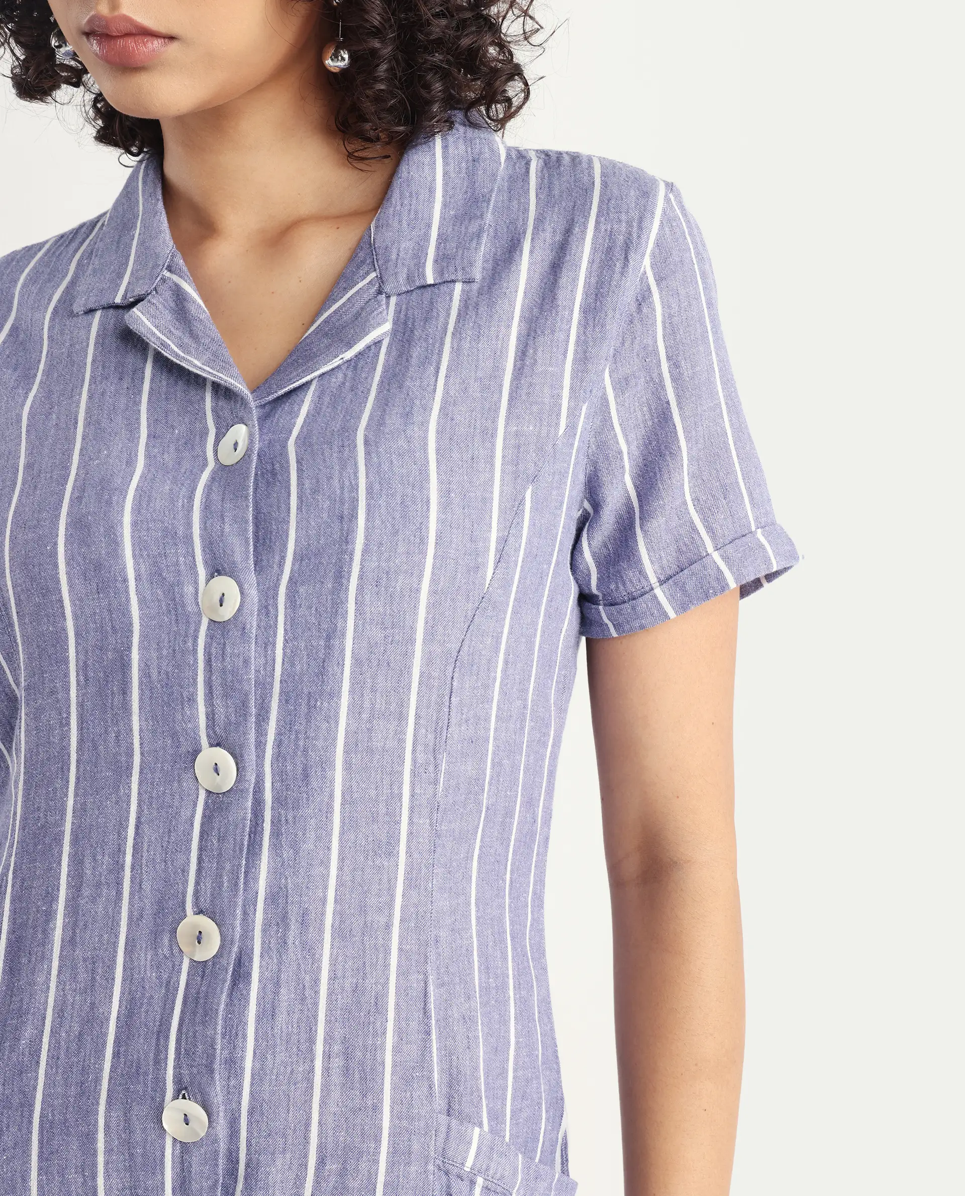 Rareism Women's Lucio Blue Linen Spread Collar Striped Tailored Playsuit - Image 4