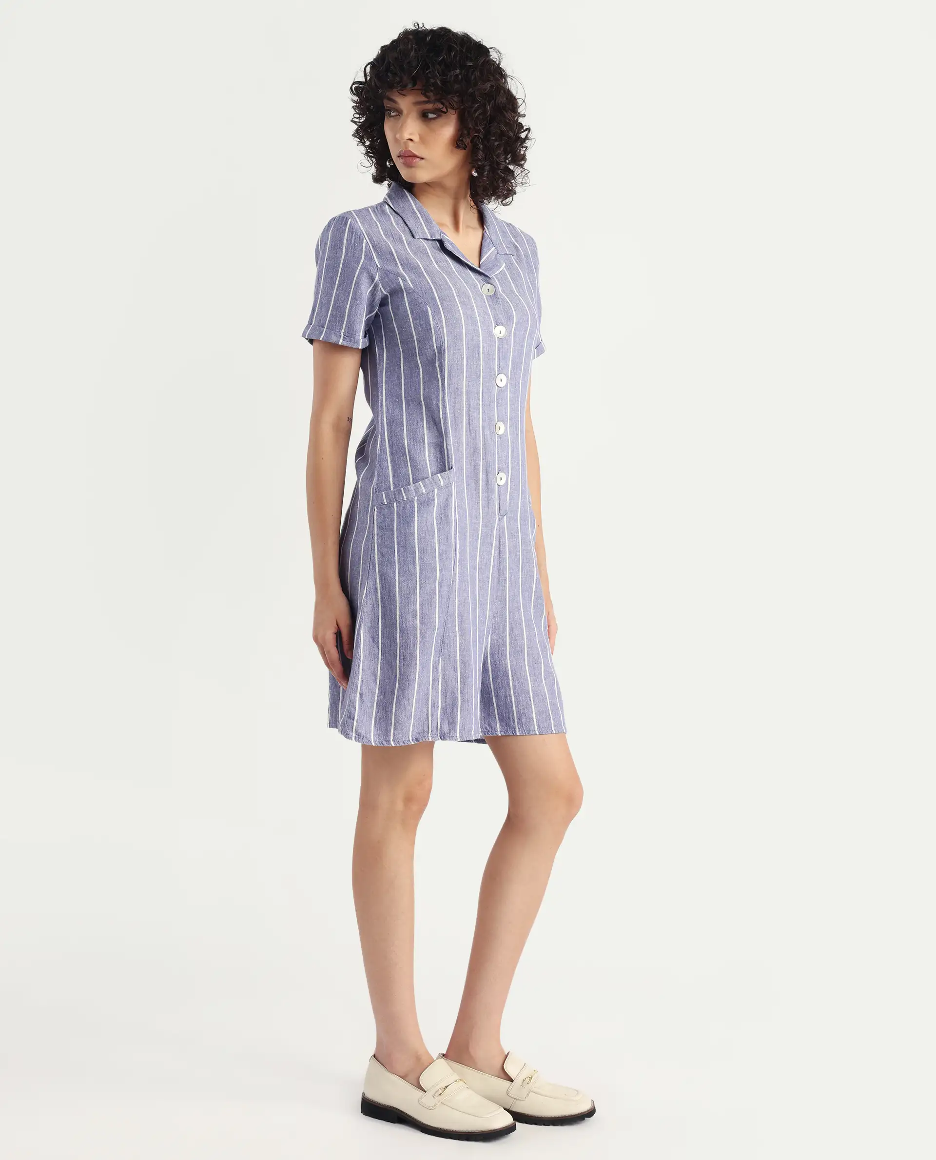 Rareism Women's Lucio Blue Linen Spread Collar Striped Tailored Playsuit - Image 5