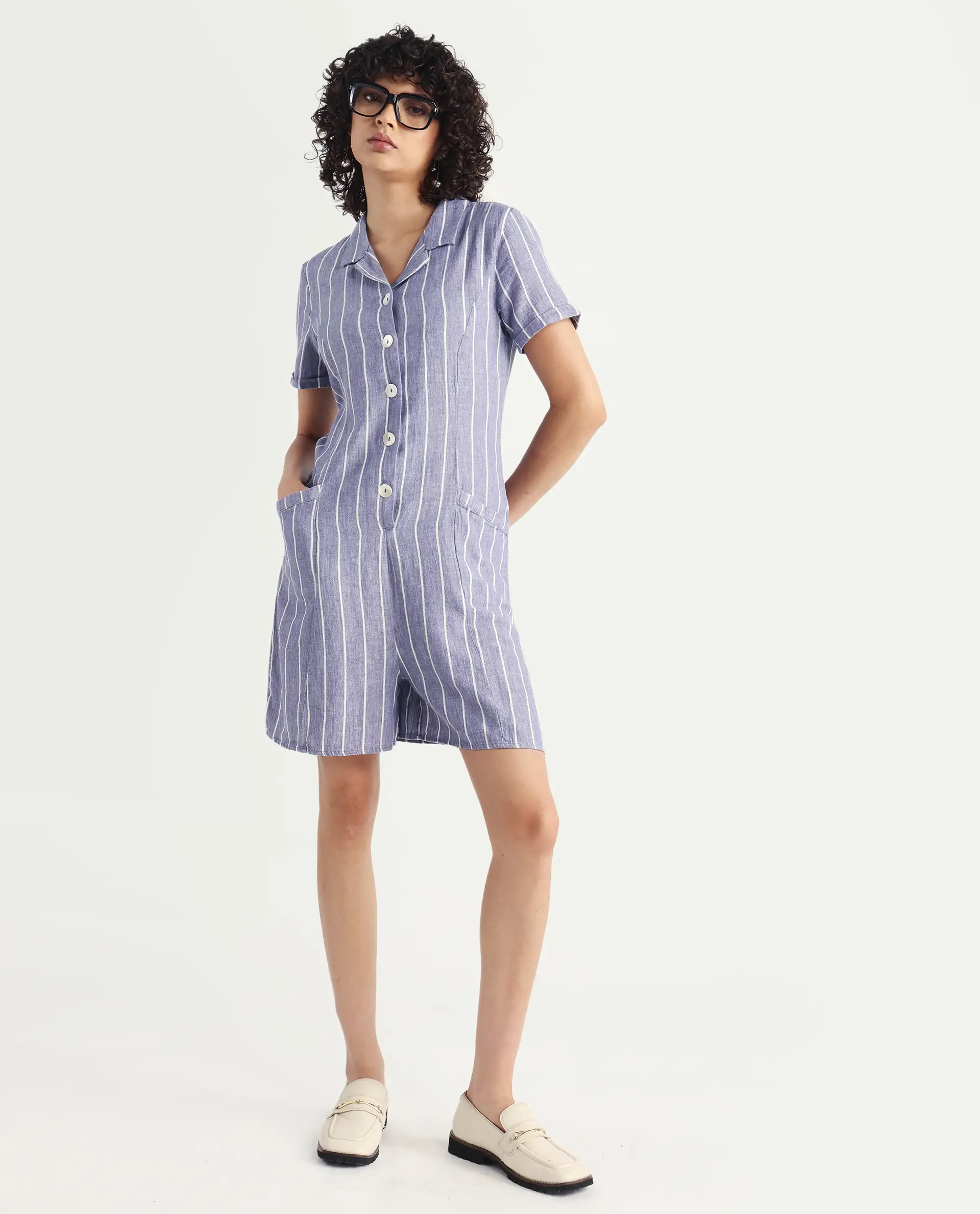 Rareism Women's Lucio Blue Linen Spread Collar Striped Tailored Playsuit - Image 6